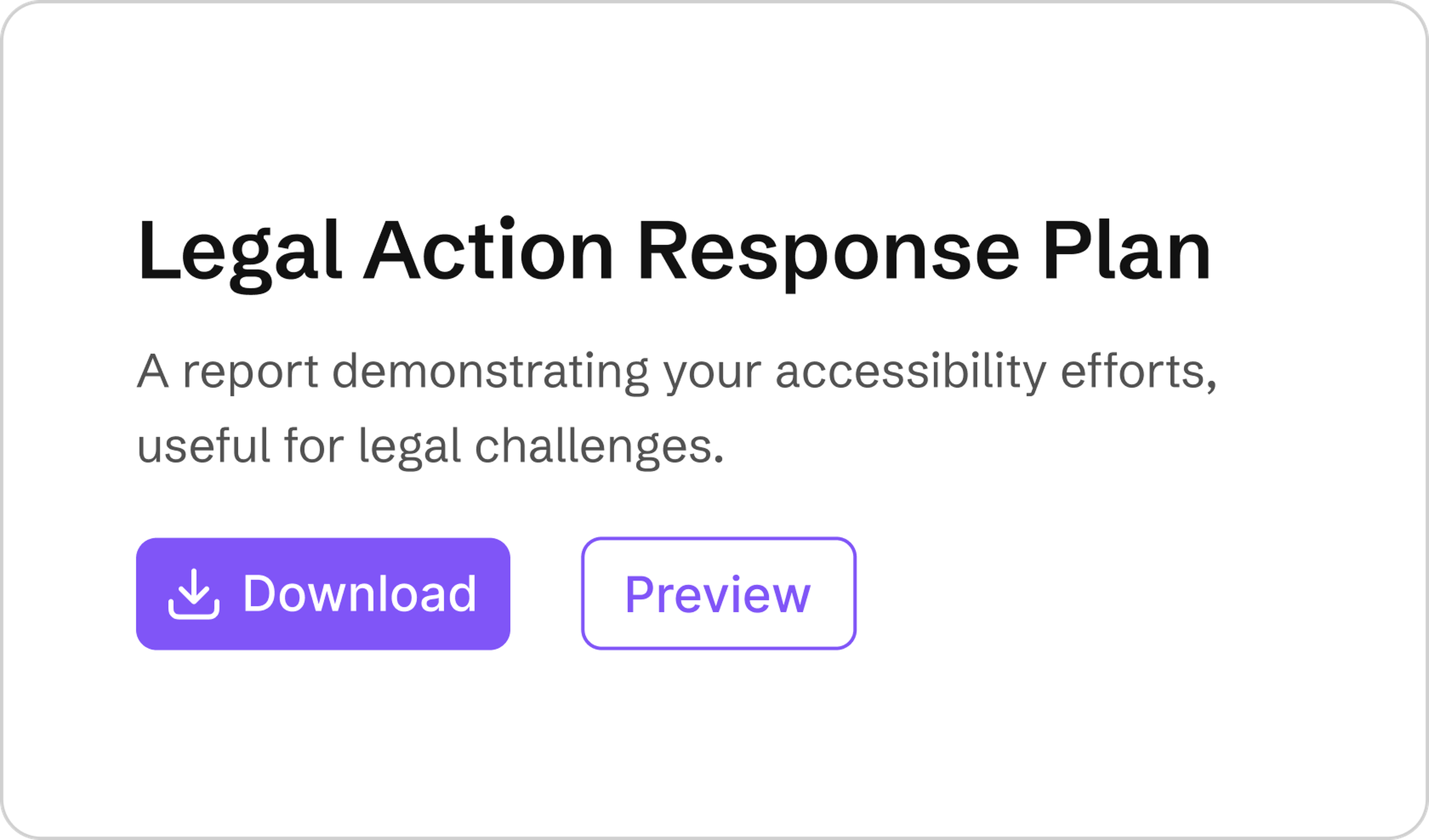 "Legal Action Response Plan report for accessibility efforts, with 'Download' and 'Preview' buttons in purple."