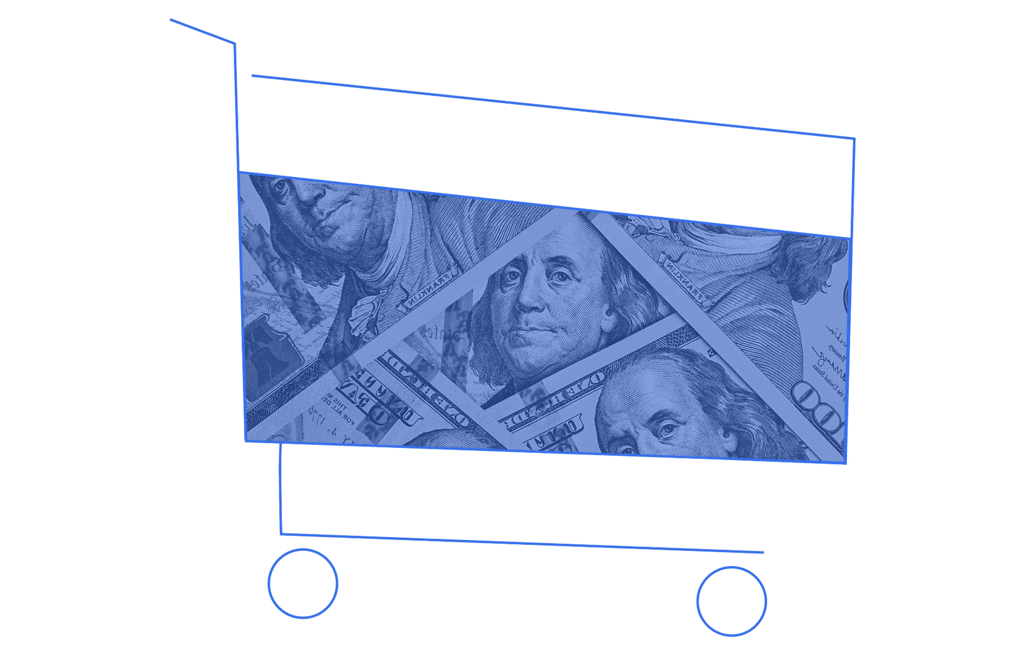 A shopping cart icon filled with blue 100 dollar bills