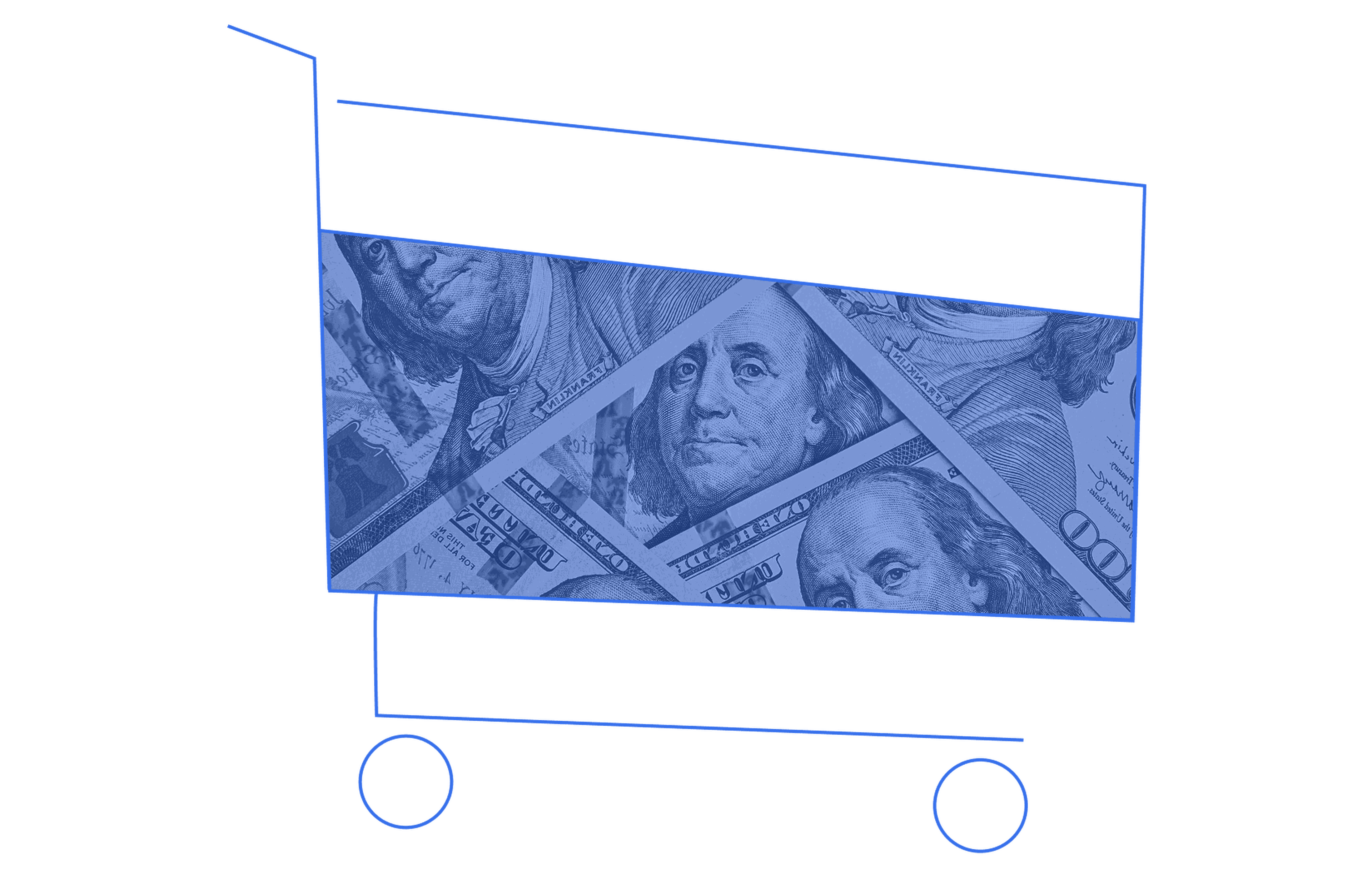 A shopping cart icon filled with blue 100 dollar bills