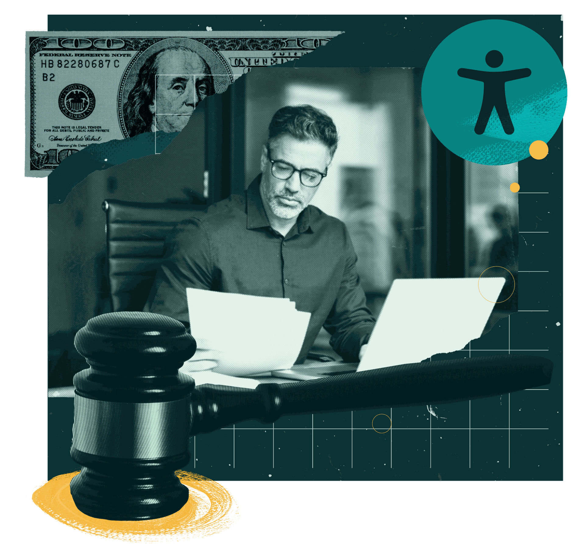 collage of man looking at computer, with a large gavel and torn money behind