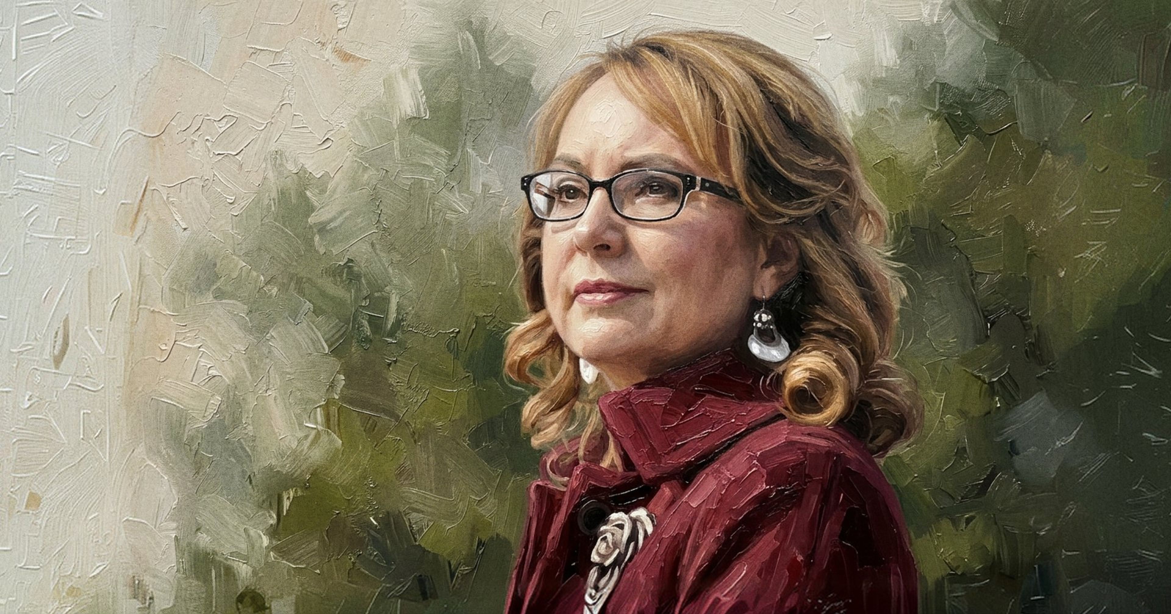 Gabby Giffords, a woman with glasses and curly hair, wearing a red coat with a floral brooch, set against an abstract, textured background.