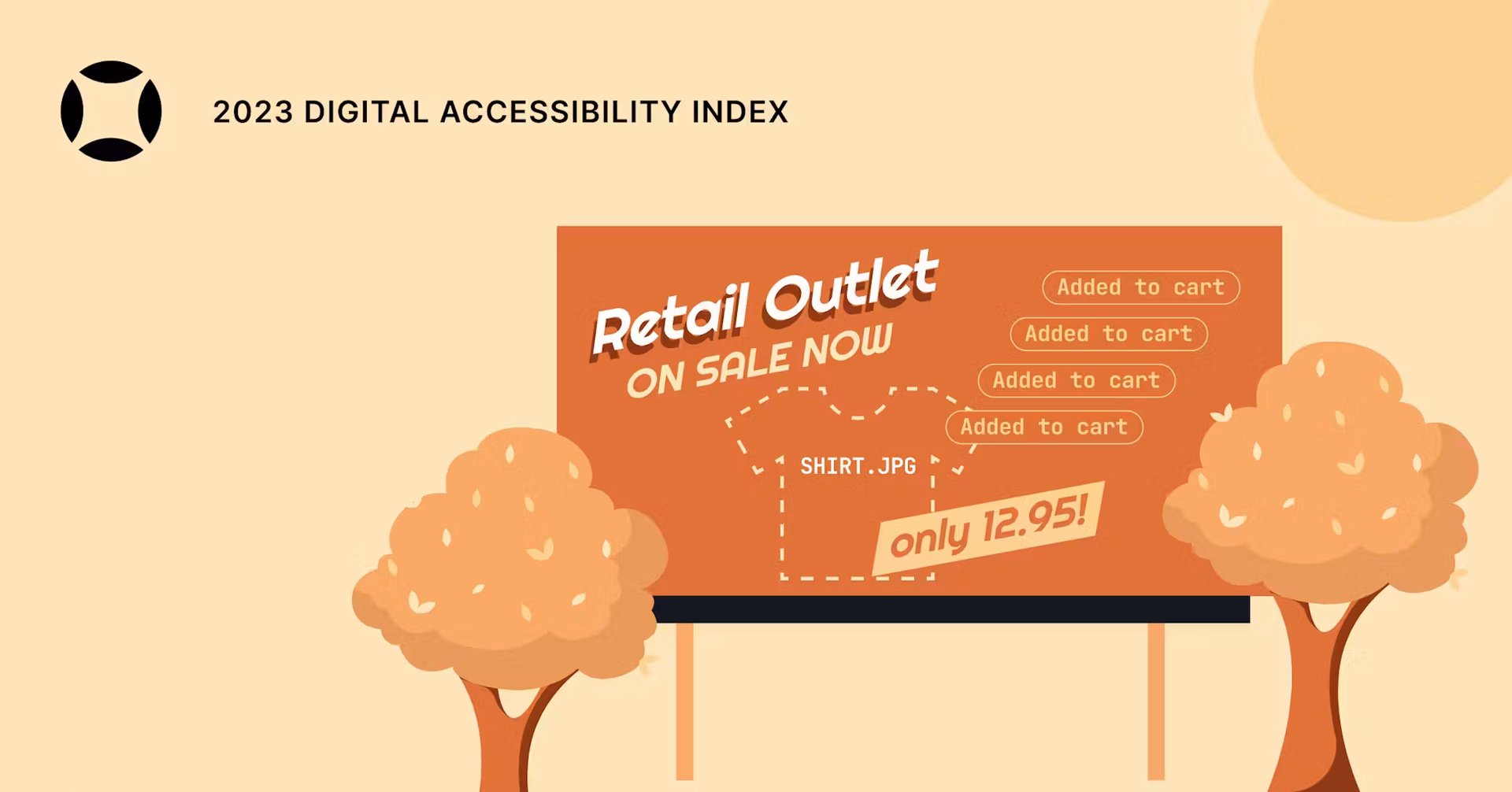illustration of a billboard that reads "Retail Outlet: On Sale Now" next to a dotted outline of a shirt and four buttons that read "Added to Cart"