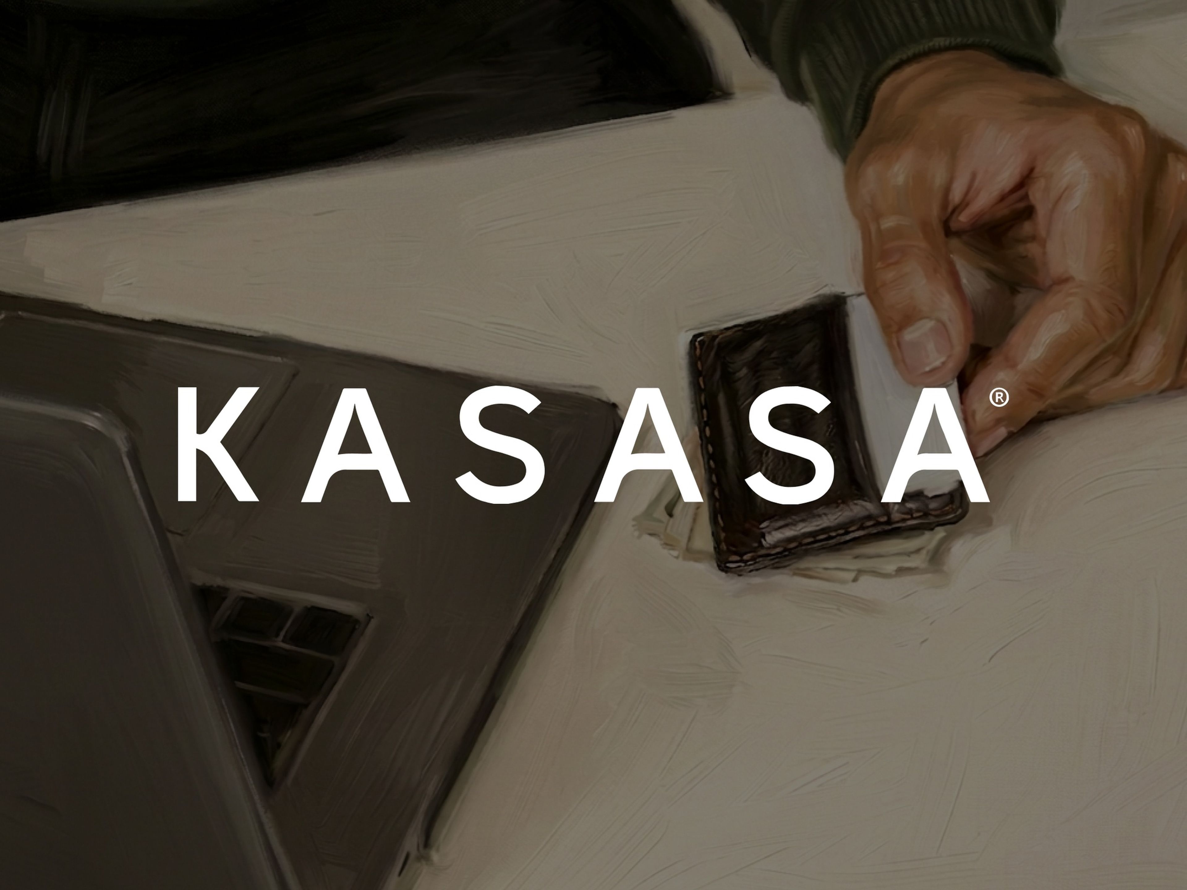 KASASA logo on top of a painting of a man holding his wallet next to a laptop