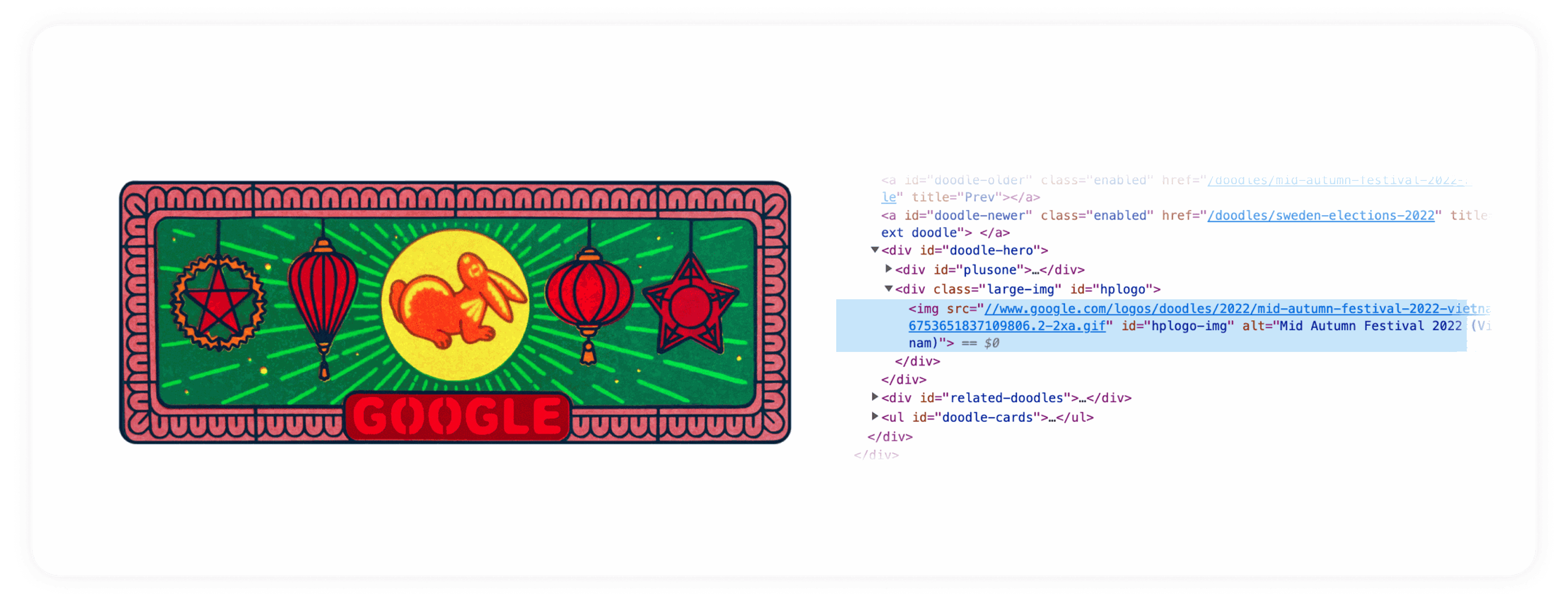 A Google Doodle of a rabbit and lanterns, next to alt text that reads "Mid Autumn Festival 2022 (Vietnam)."