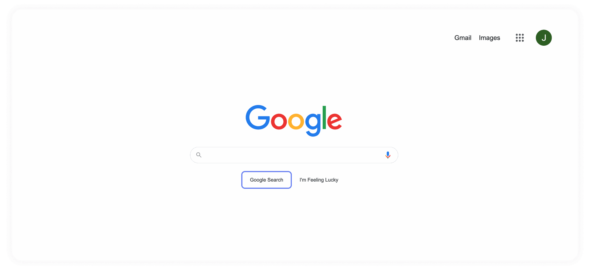 Google's homepage, with a focus state on the "Google Search" button.