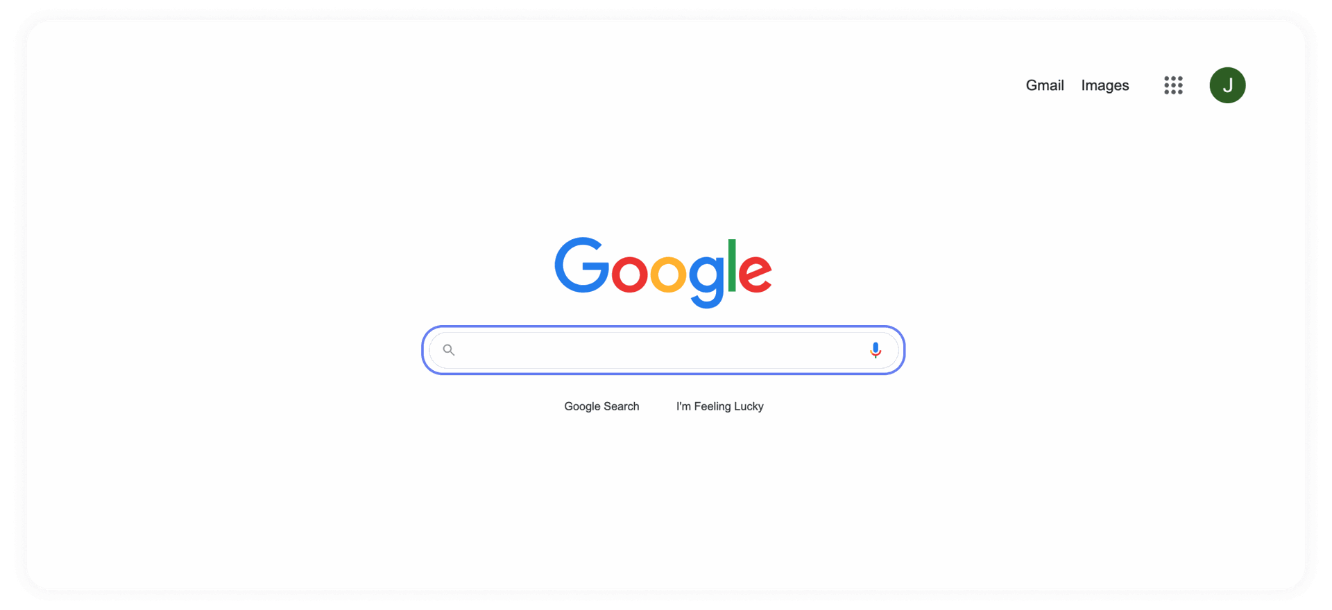Google's homepage, with a focus state on the search bar