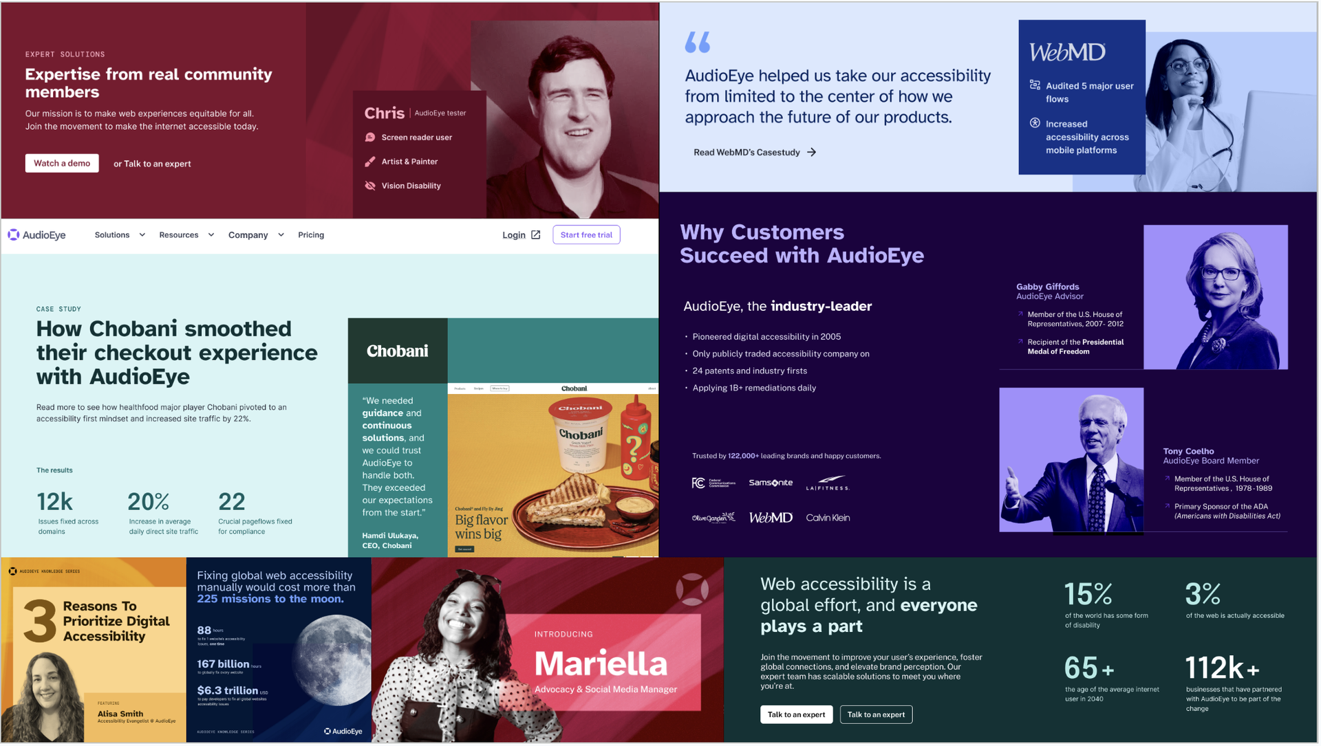 A collection of website snippets and social media posts, showcasing AudioEye's updated color palette of rich, sophisticated hues.