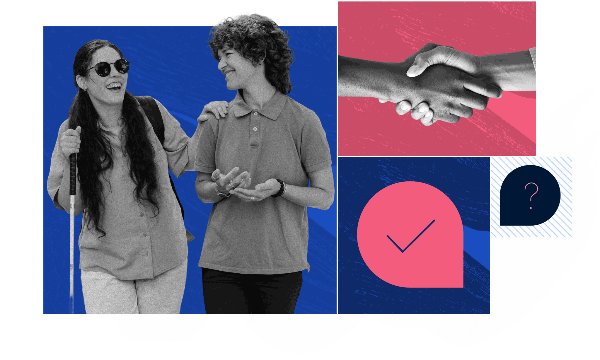 Two smiling women with linked arms and two hands clasped in a handshake