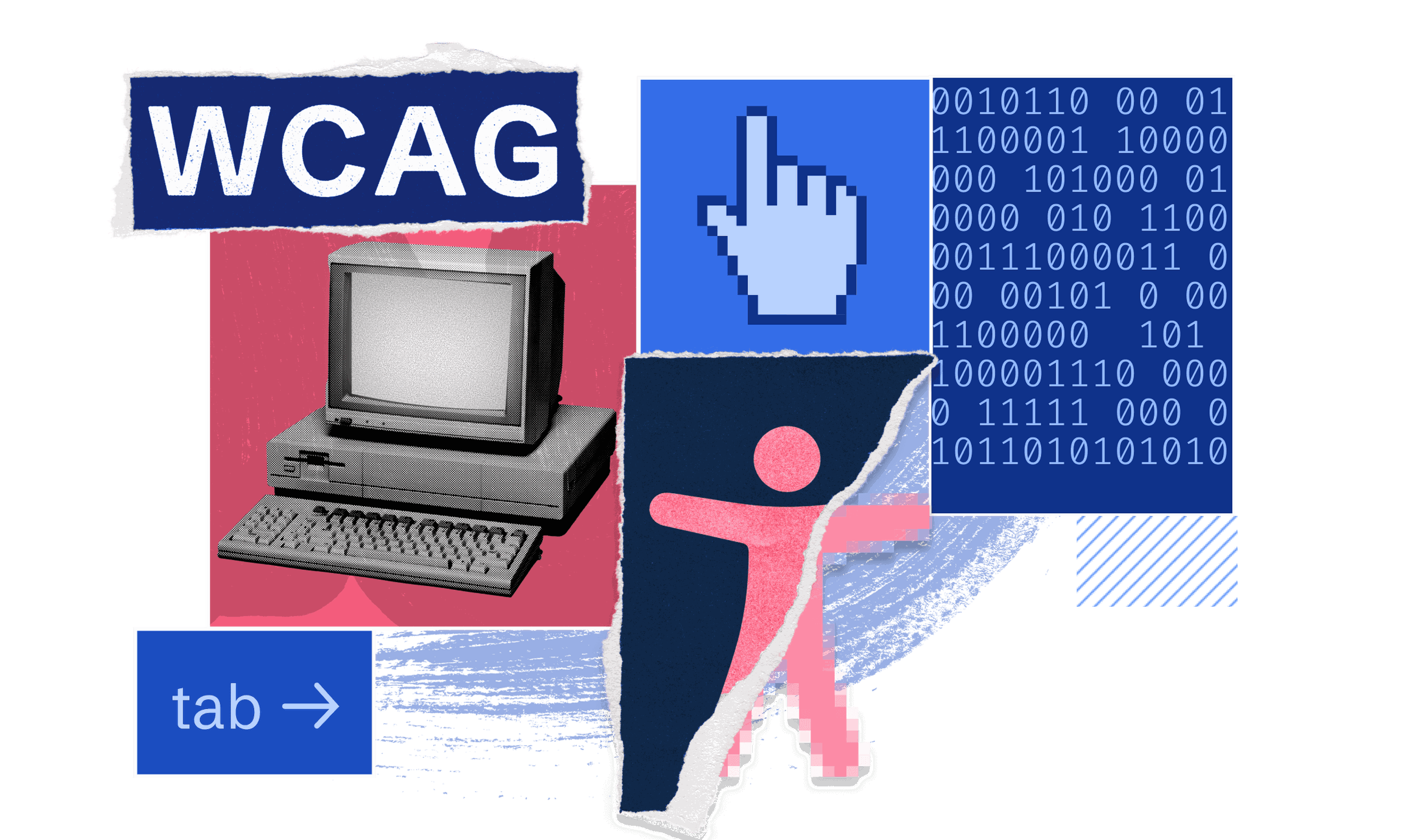 an older model computer, the 'tab' key, a cursor, and the accessibility symbol