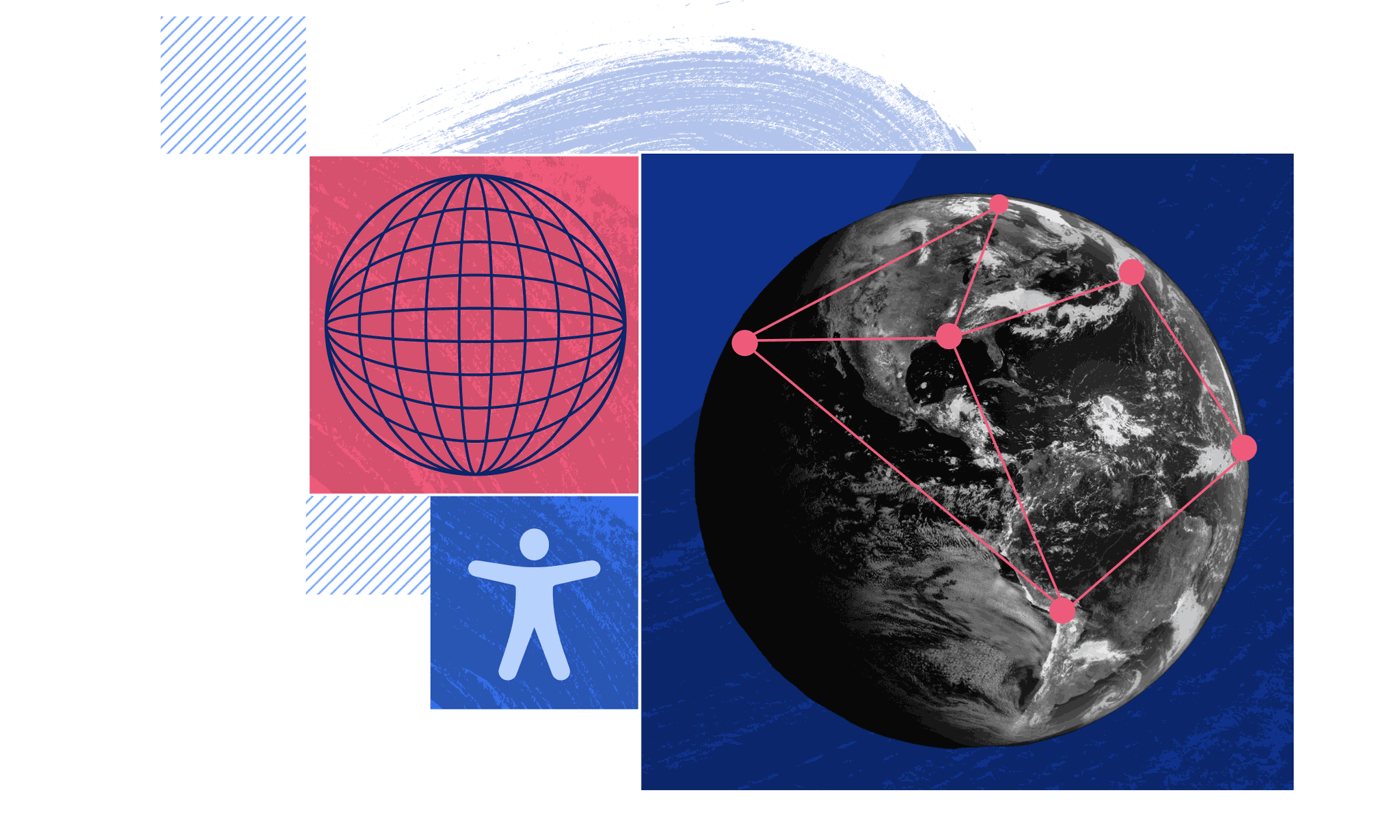 the accessibility symbol and a globe with interconnected dots