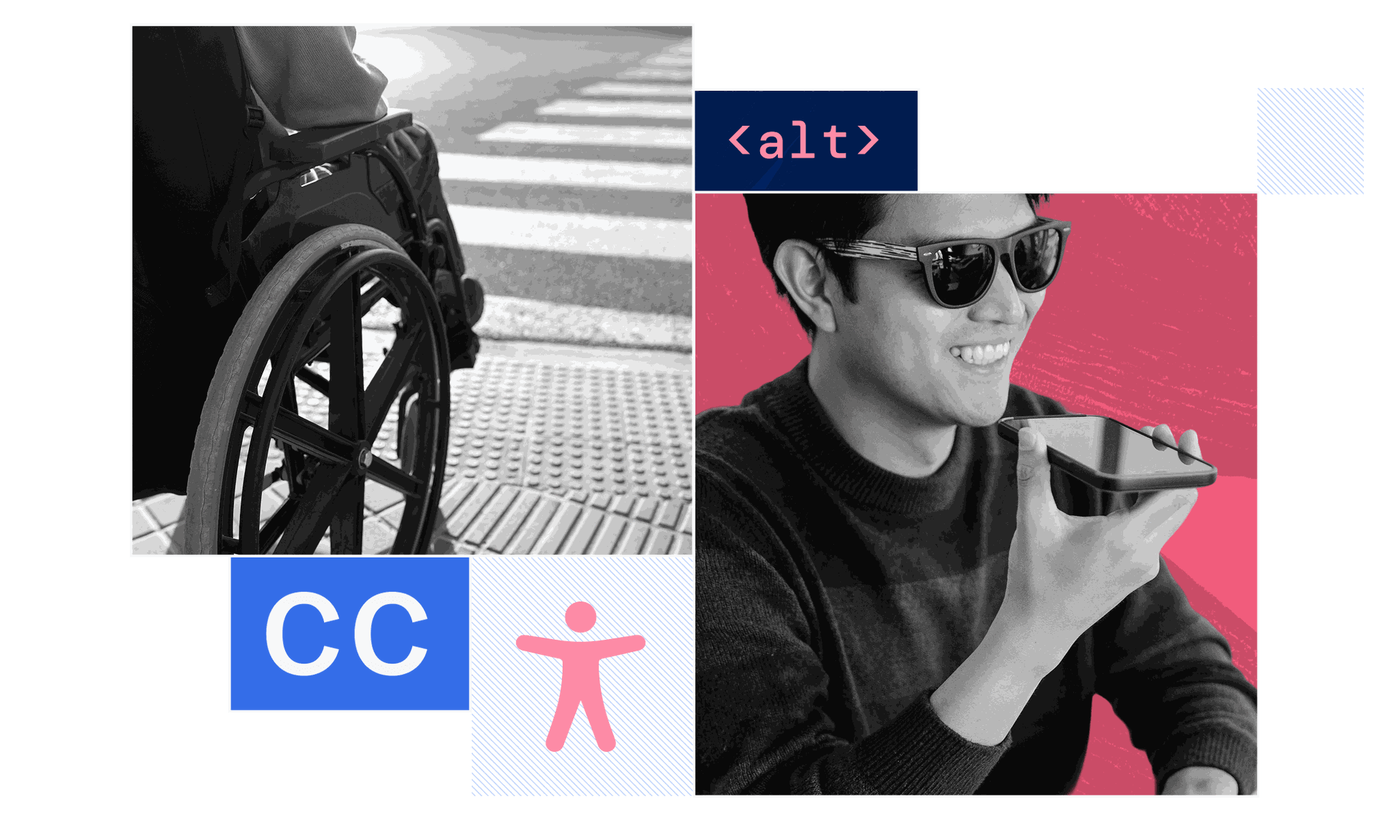 a man wearing sunglasses speaking into a smartphone, a wheelchair using a crosswalk, the 'alt' key, and the accessibility symbol.