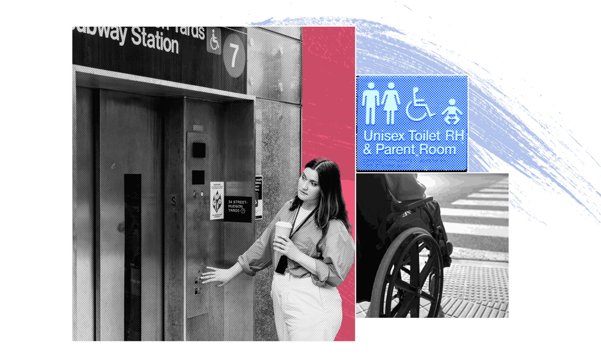 a woman holding a coffee cup and using an elevator and a wheelchair user using a crosswalk