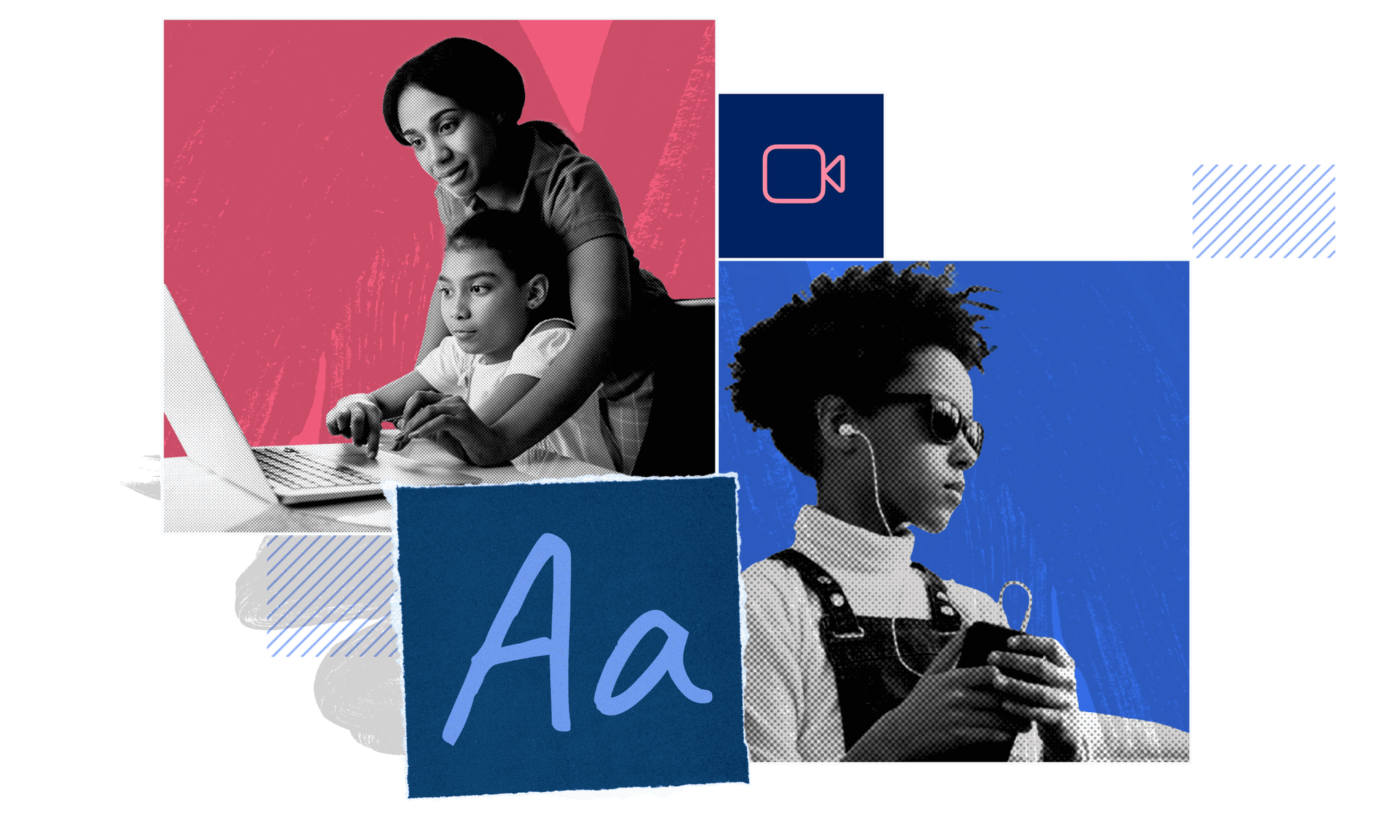 a woman helping a child on a laptop, a camera icon, and a woman wearing sunglasses and listening to music from her smartphone