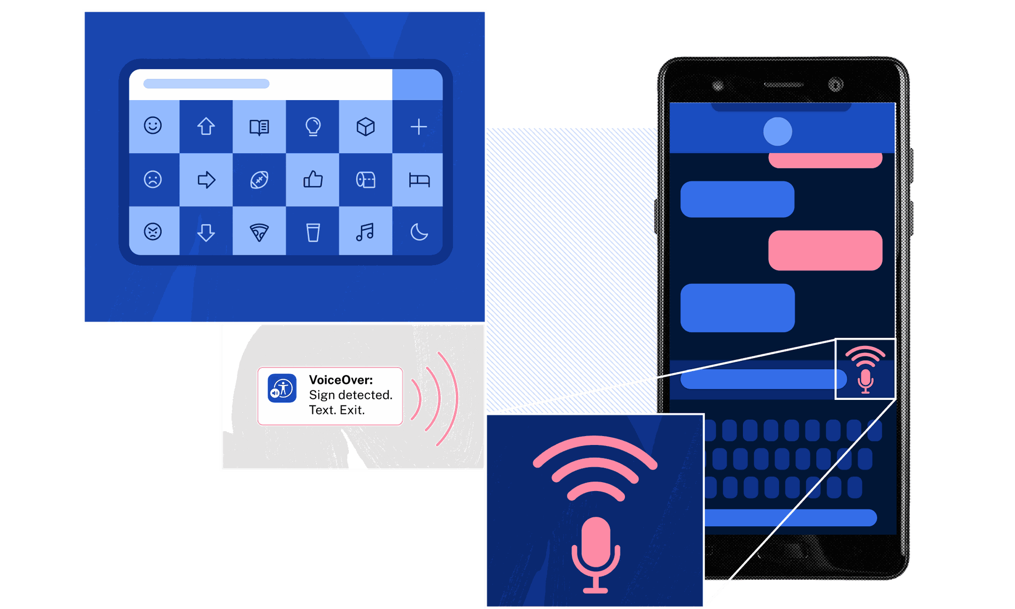 Various assistive technologies, including VoiceOver and Augmentative and Alternative Communication (AAC).