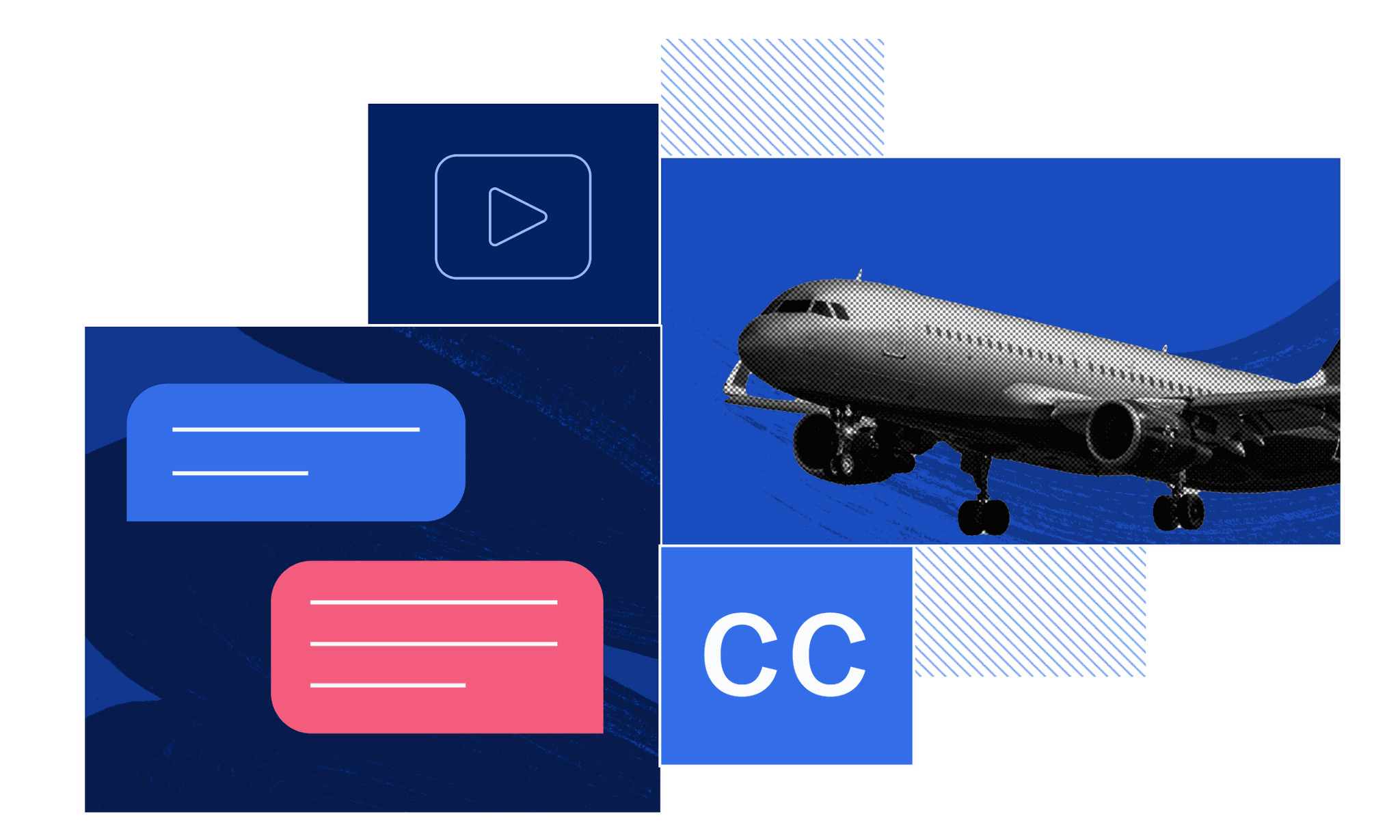 Plane in flight surrounded by various design icons, including the 'closed caption' symbol.