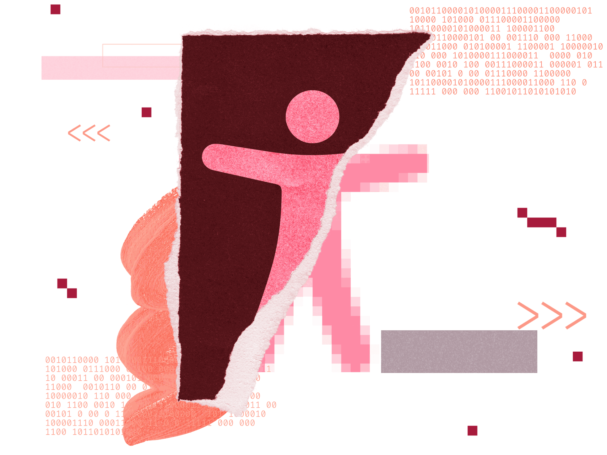 collage of pixels, code, and an accessibility human symbol being digitized