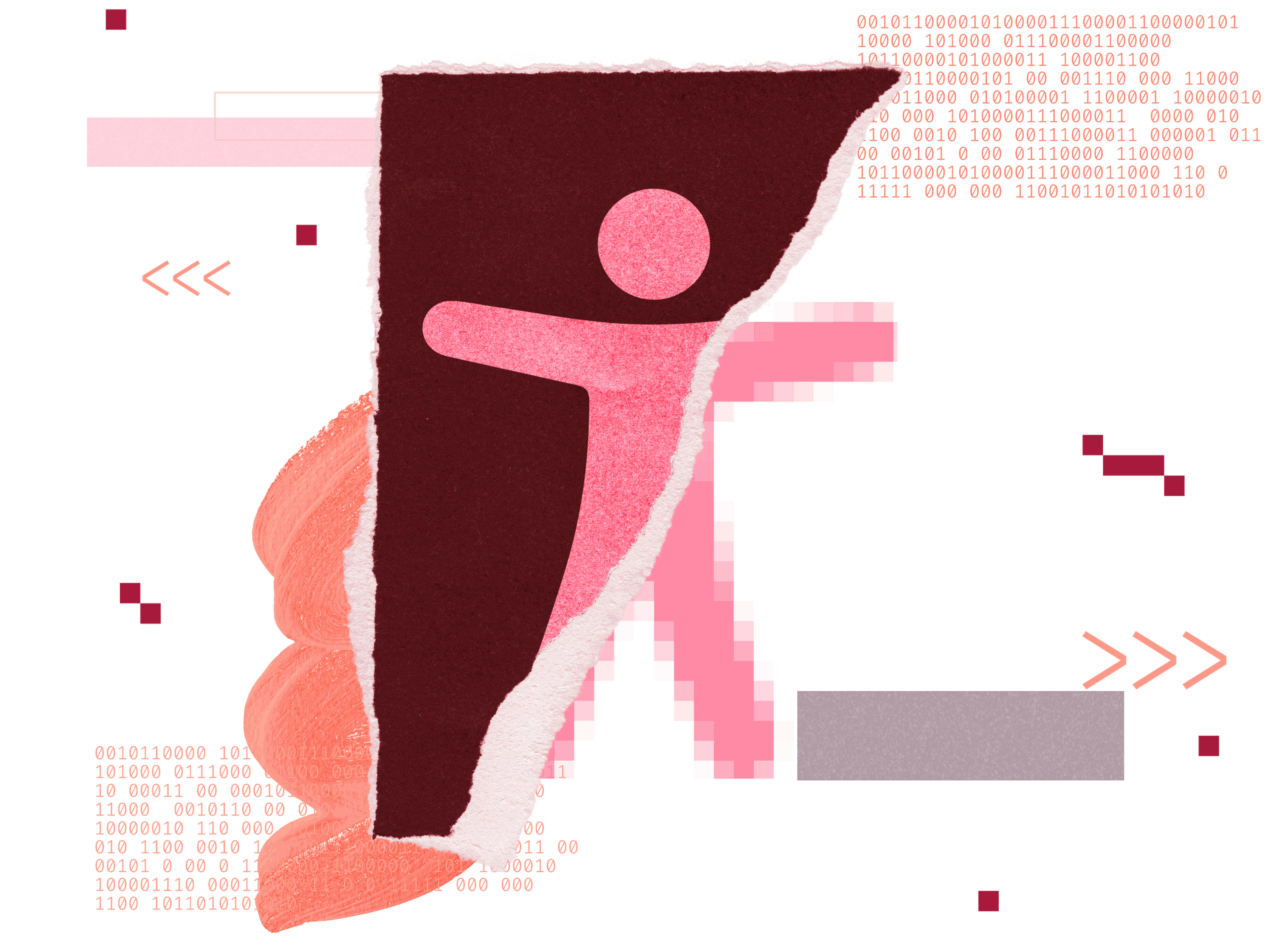 collage of pixels, code, and an accessibility human symbol being digitized