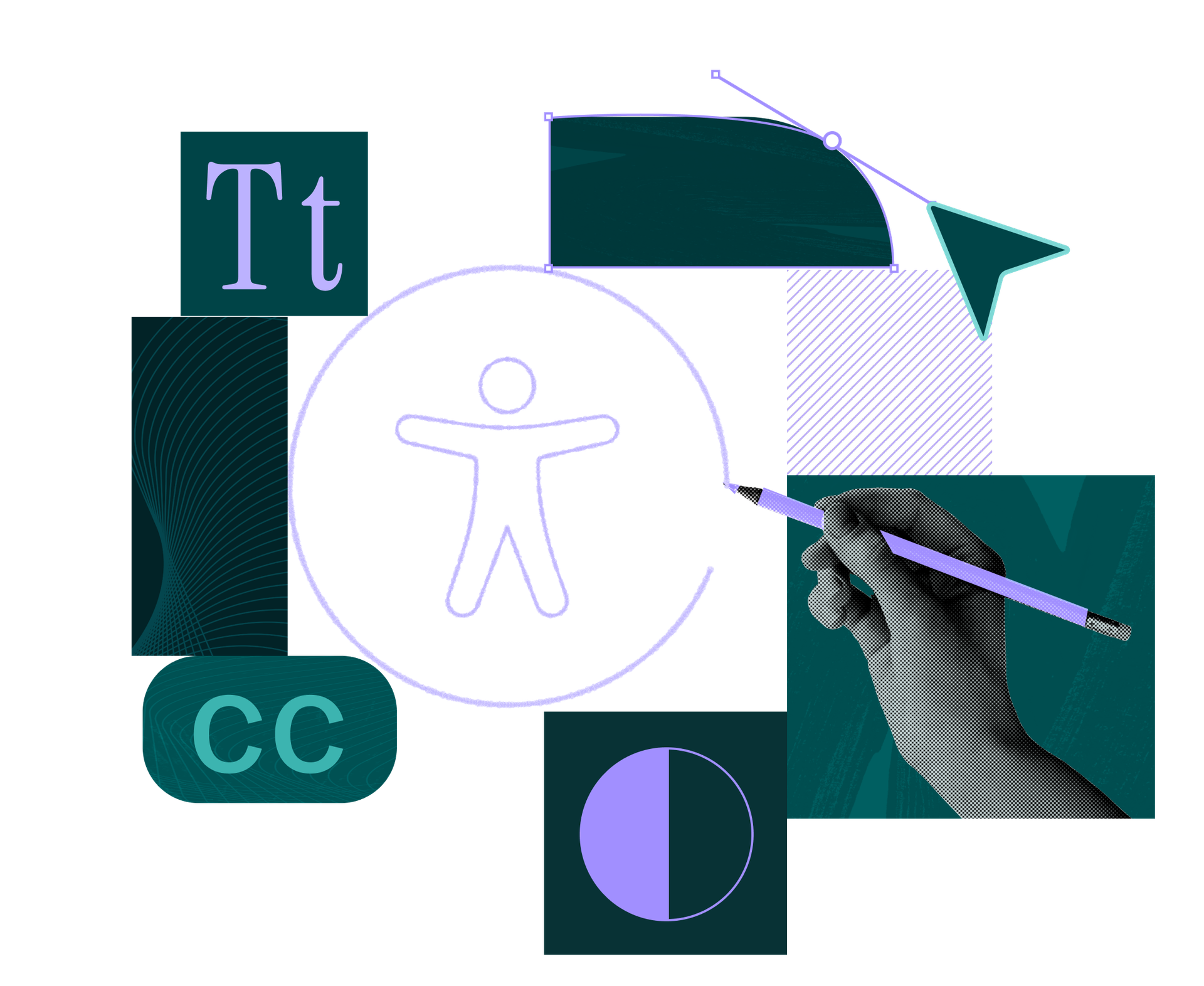 accessible design principles in collage, with hand drawing accessibility symbol