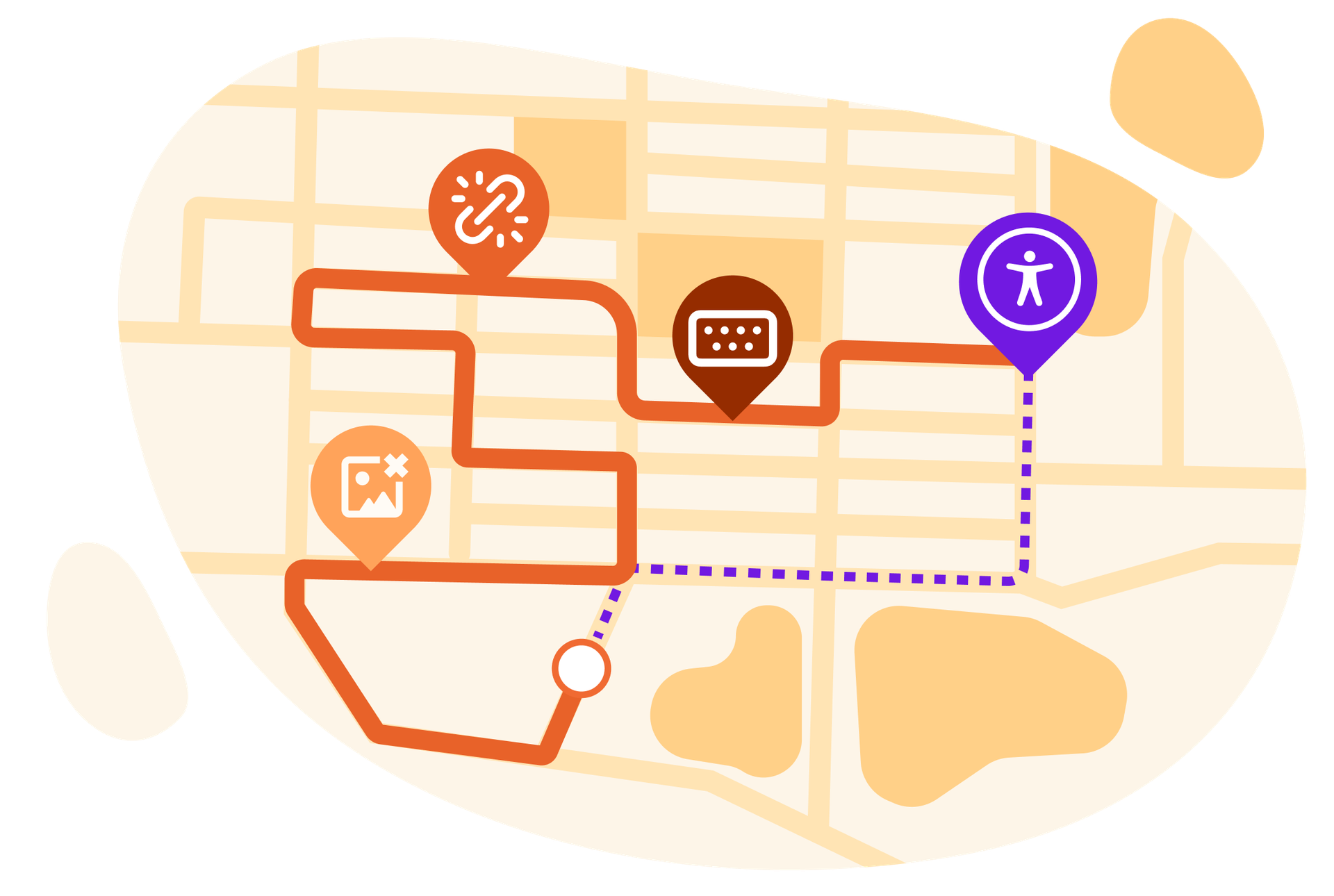 Stylized map illustrating inaccessible experiences are similar to directions that reroutes rather than giving you the direct route.