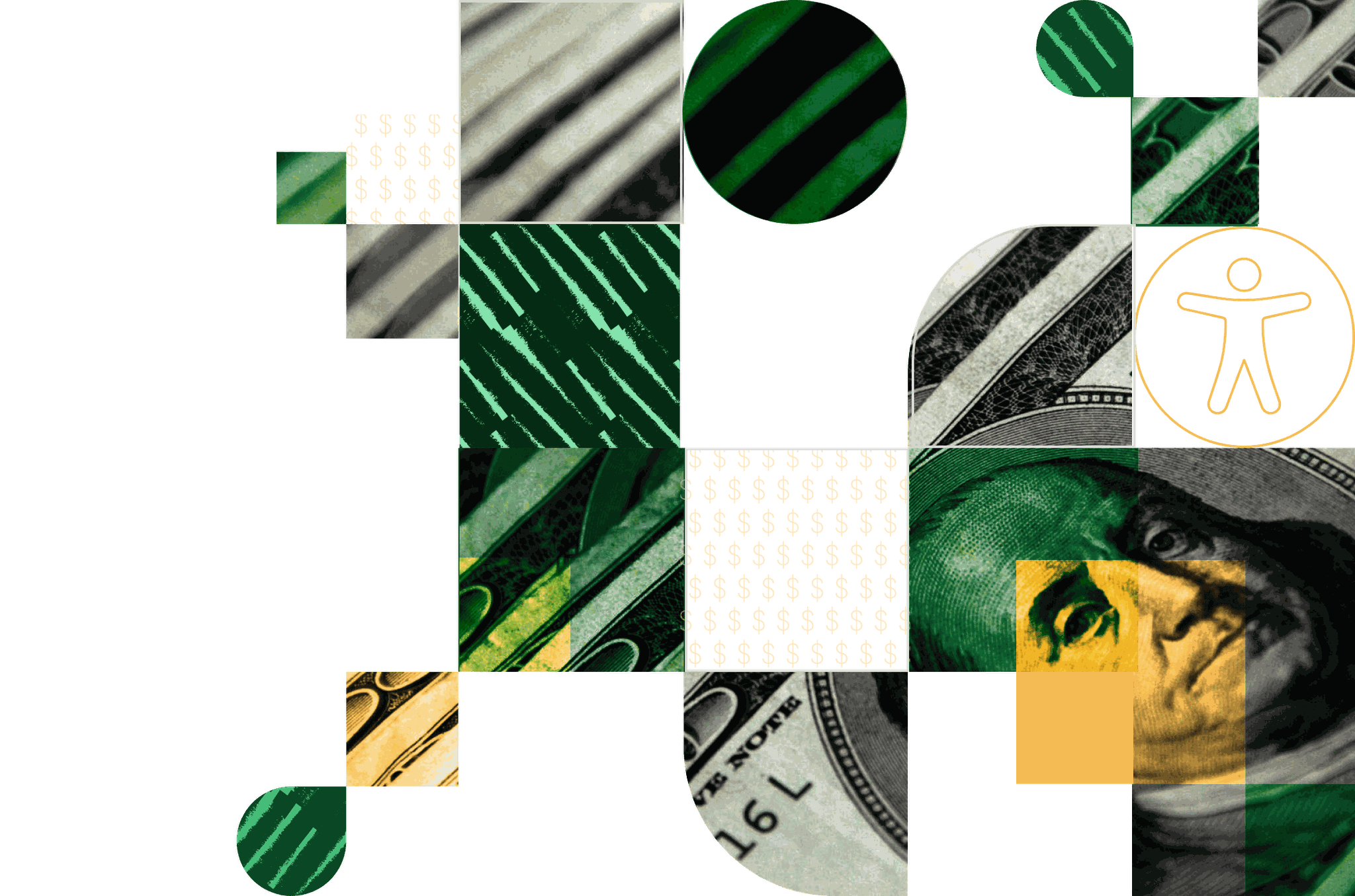 a collage grid of a 100 dollar bill alongside the accessibility symbol