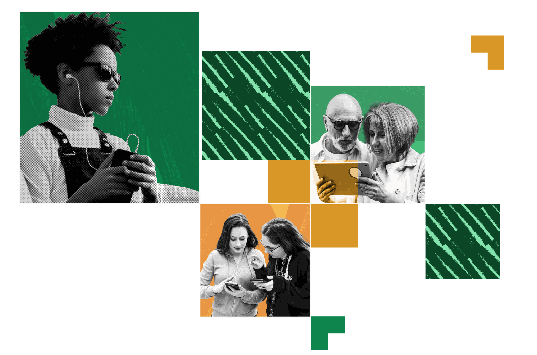 Collage of people using different devices, including a person with headphones, two women with a smartphone, and an older couple with a tablet.