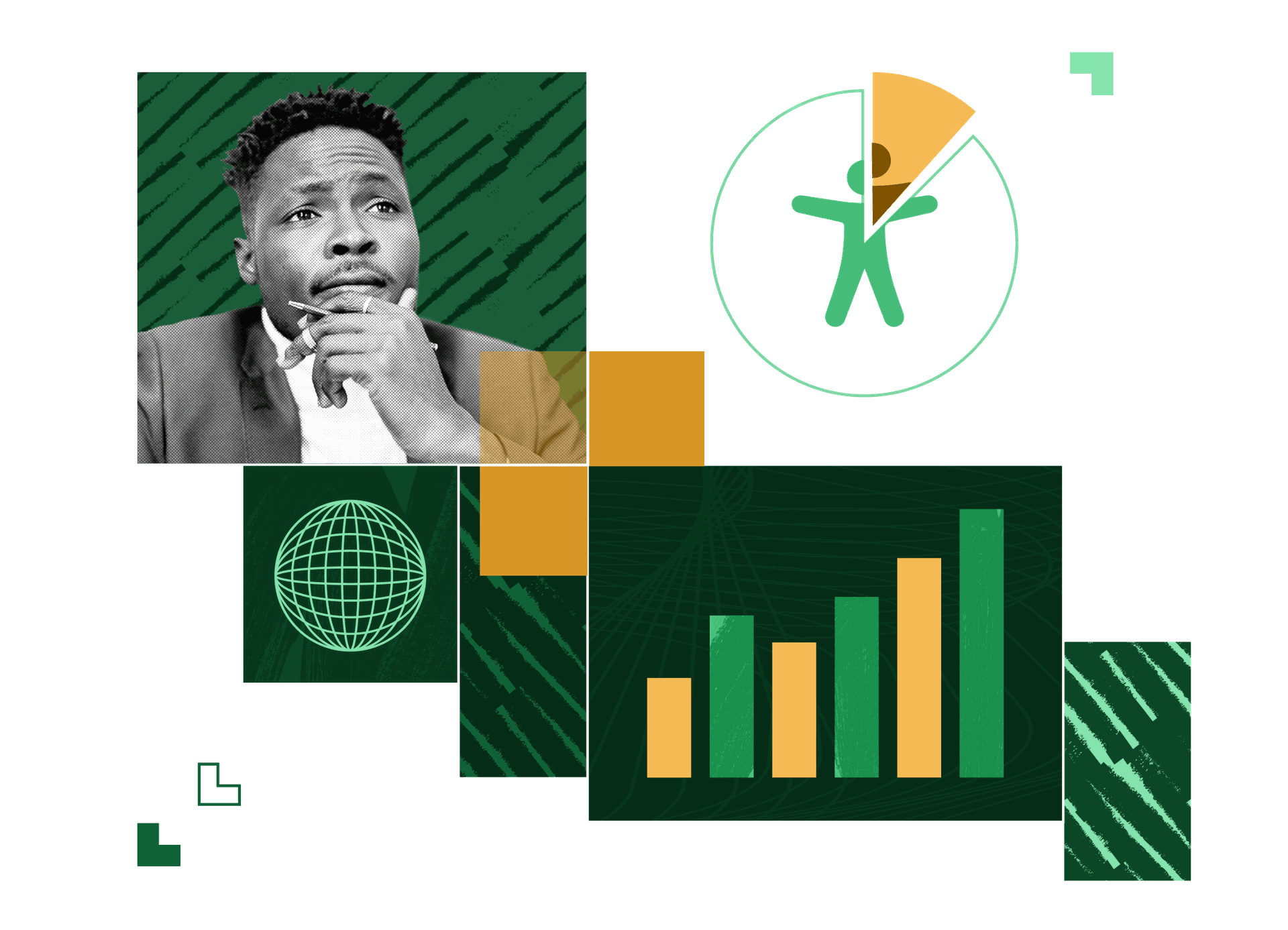 Collage with a man thinking deeply, bar and pie charts, and accessibility icons