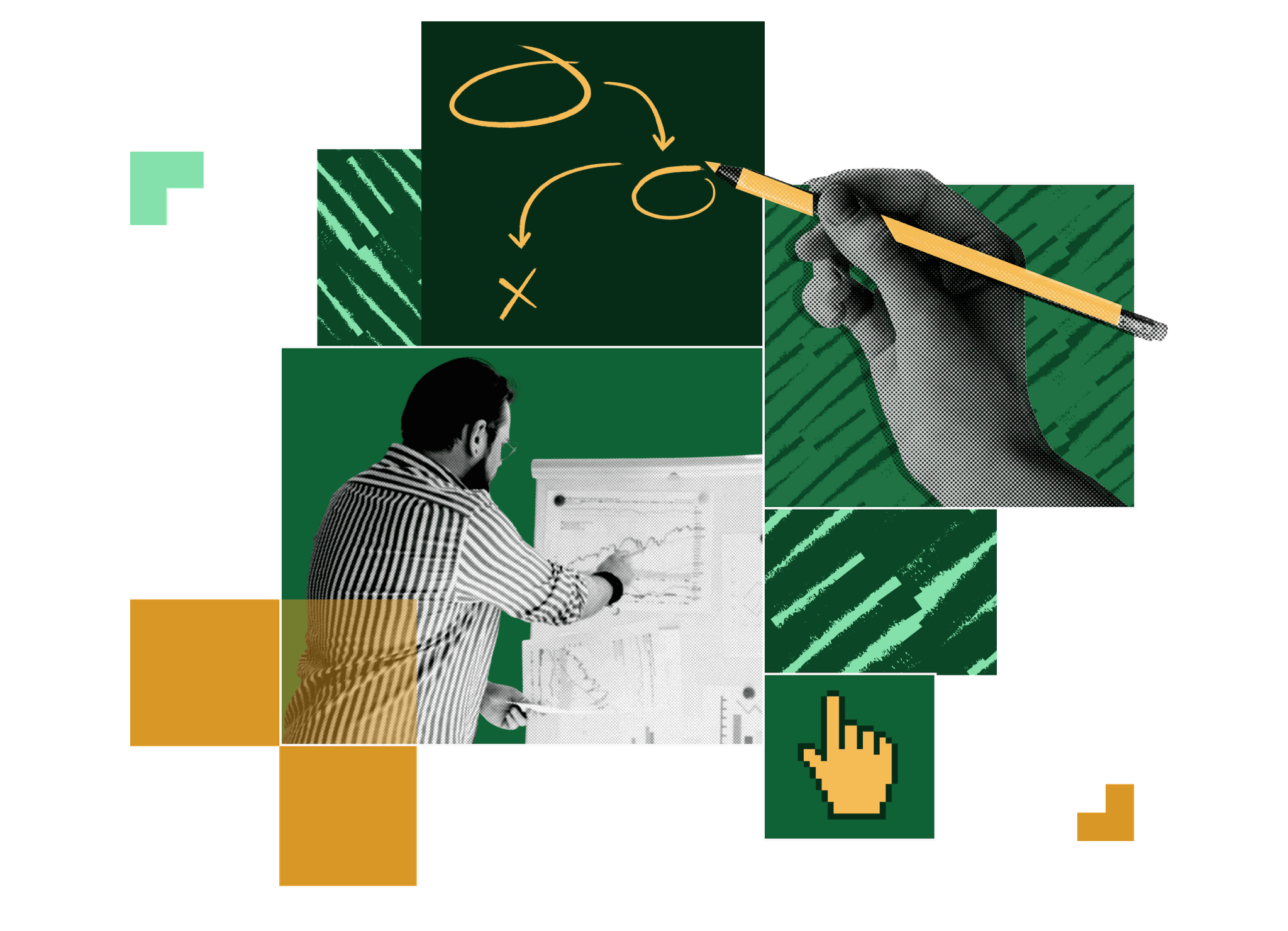 Collage featuring a man pointing at a chart, with doodles and icons