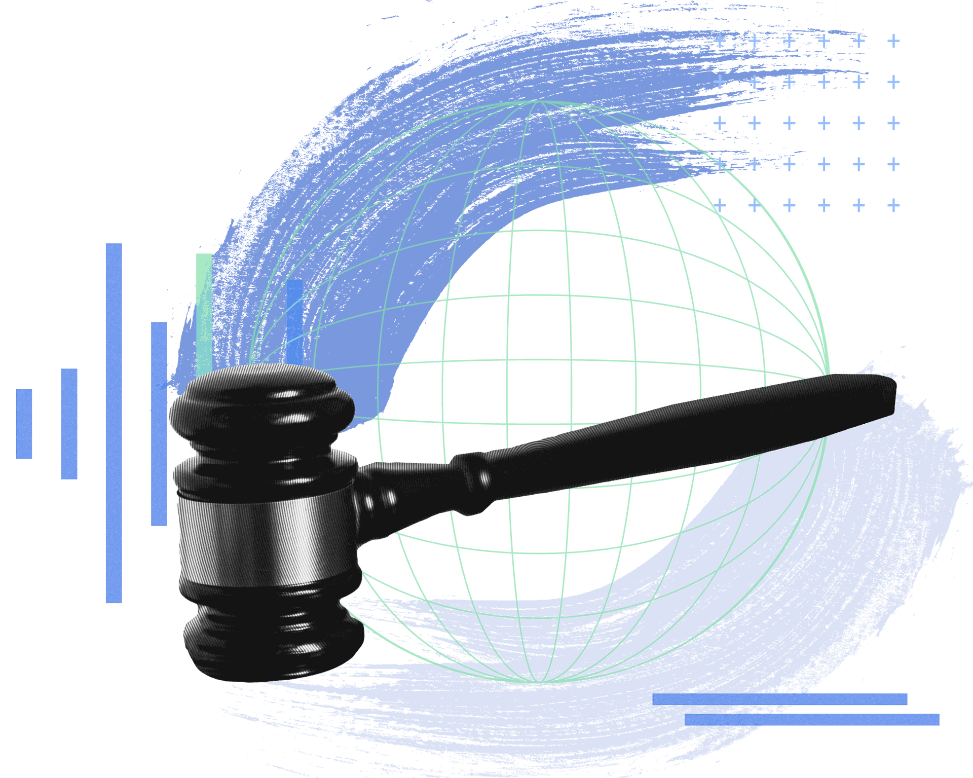 Gavel swinging down over digital globe