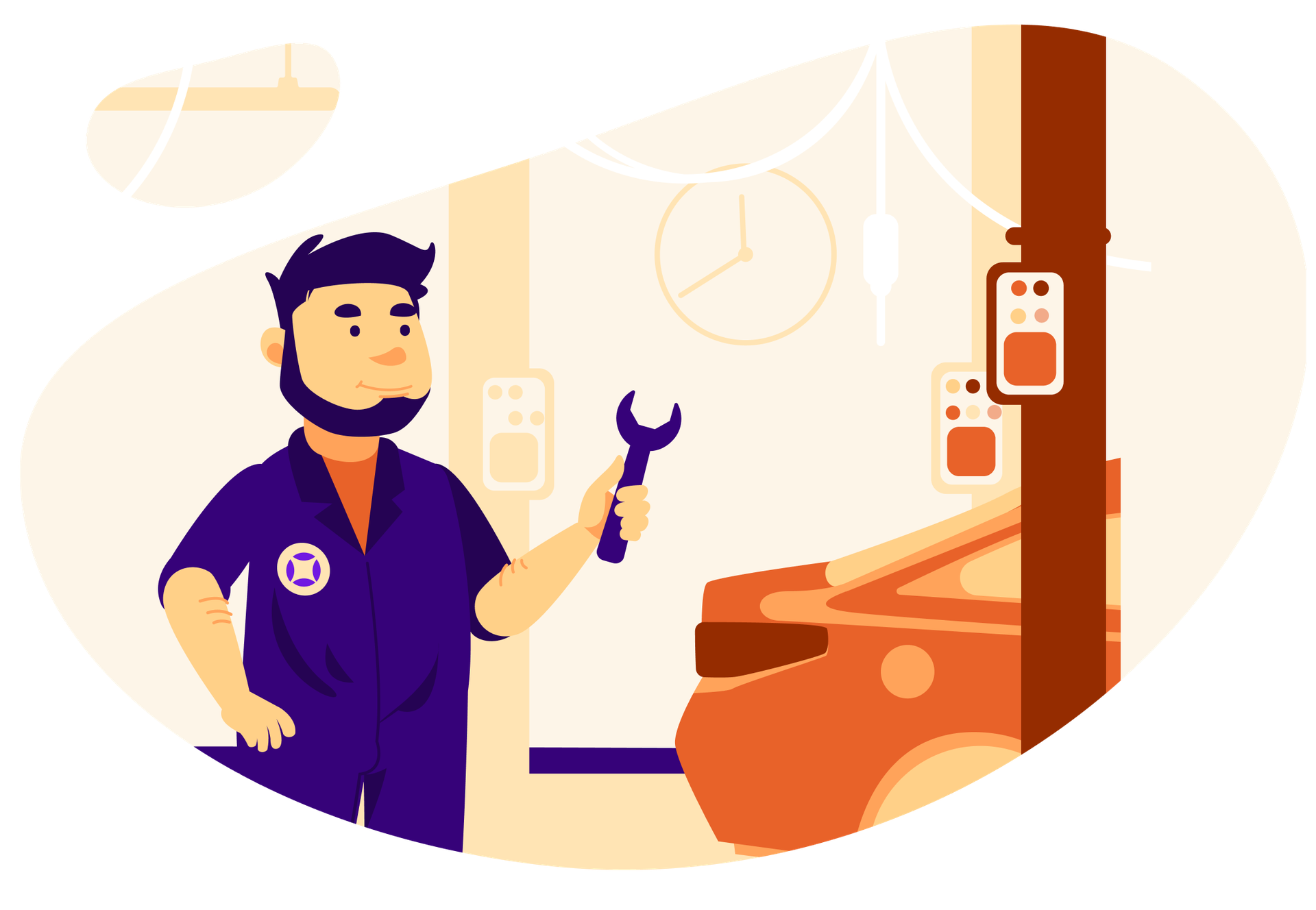 A car getting worked on in an auto shop with a technician who is wearing an AudioEye coverall.