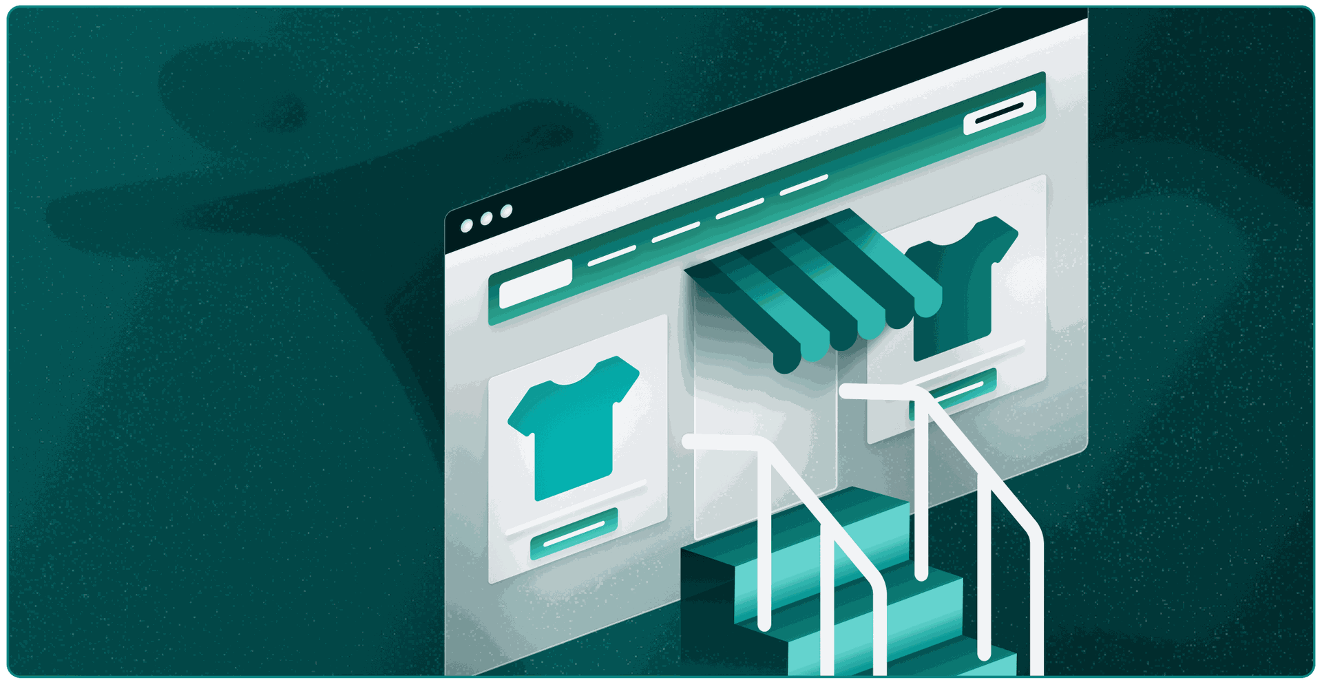 A stylized web browser with an e-commerce site and a storefront with stairs leading to the door.