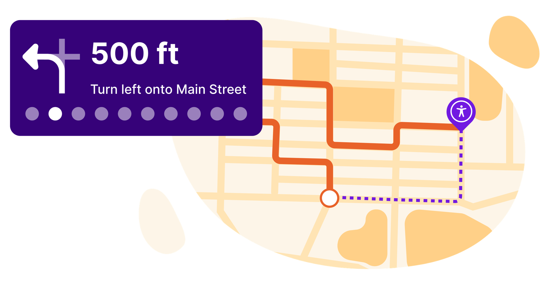 Stylized map with a turn-by-turn directions interface that reads in 500 feet, turn left onto Main street.