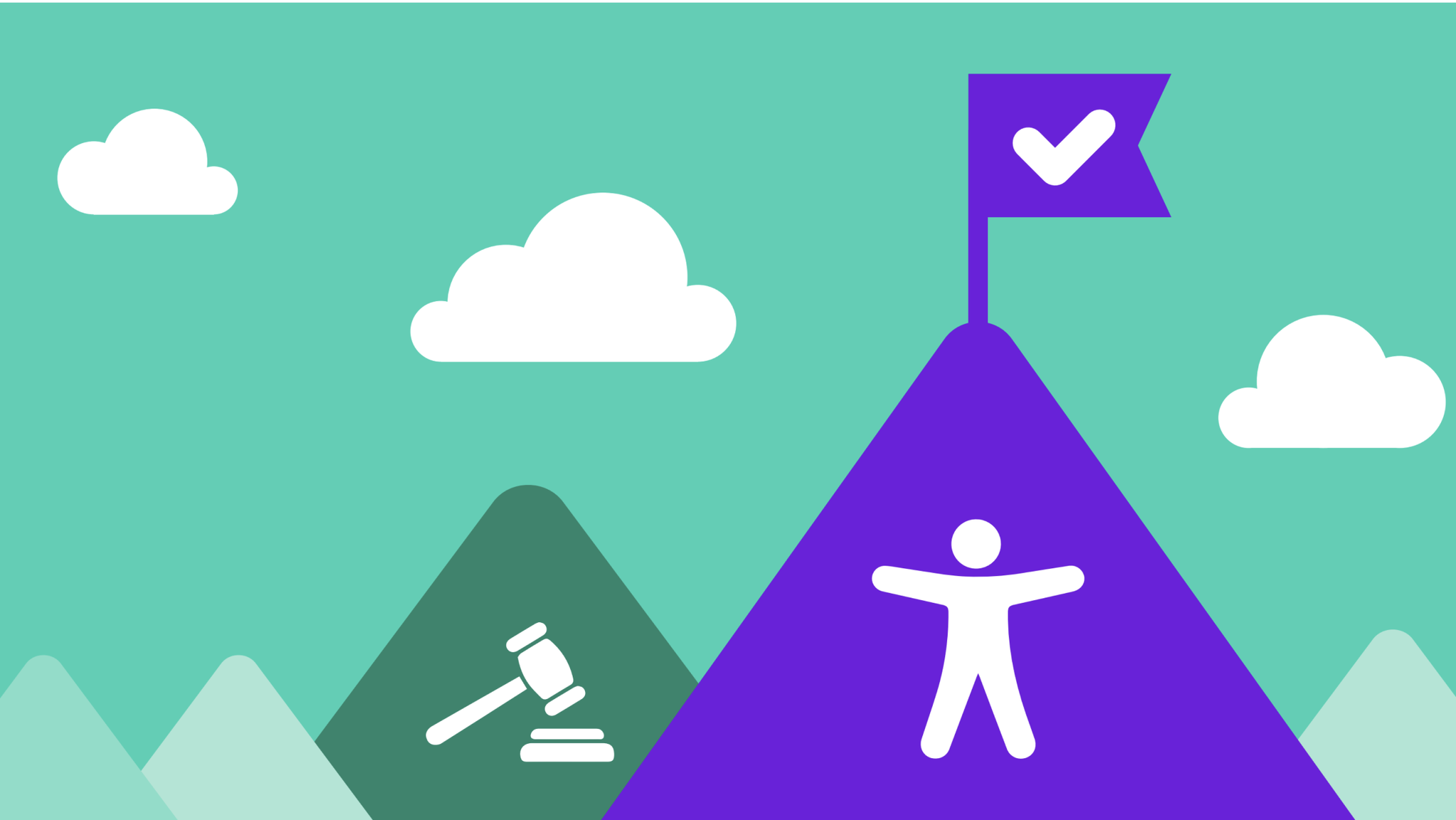 Two mountains, one with a gavel and one with the accessibility icon.