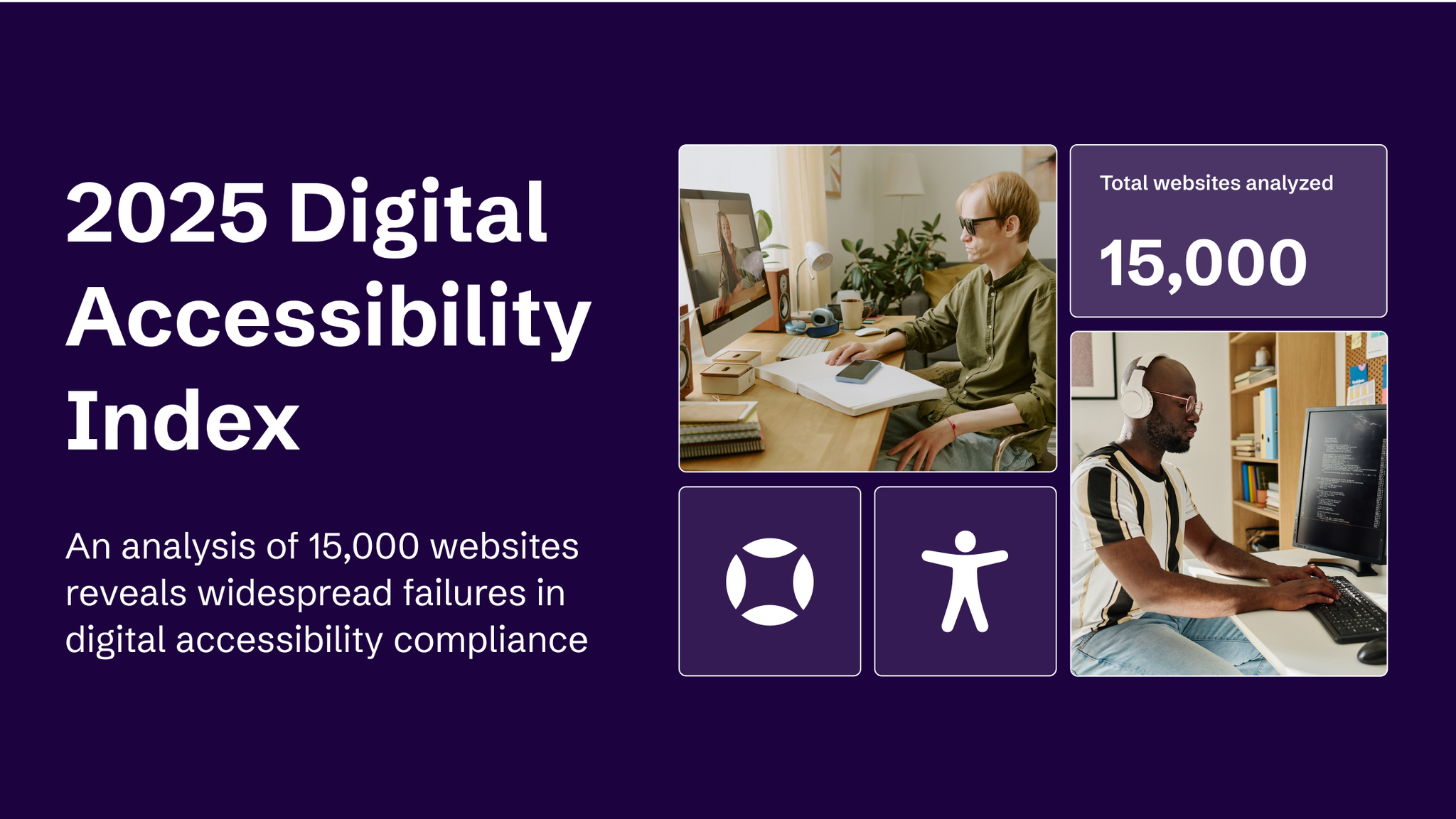 A collage of people working on computers using a variety of assistive technology, next to a caption that reads "2025 Digital Accessibility Index: An analysis of 15,000 websites reveals widespread failures in digital accessibility compliance"