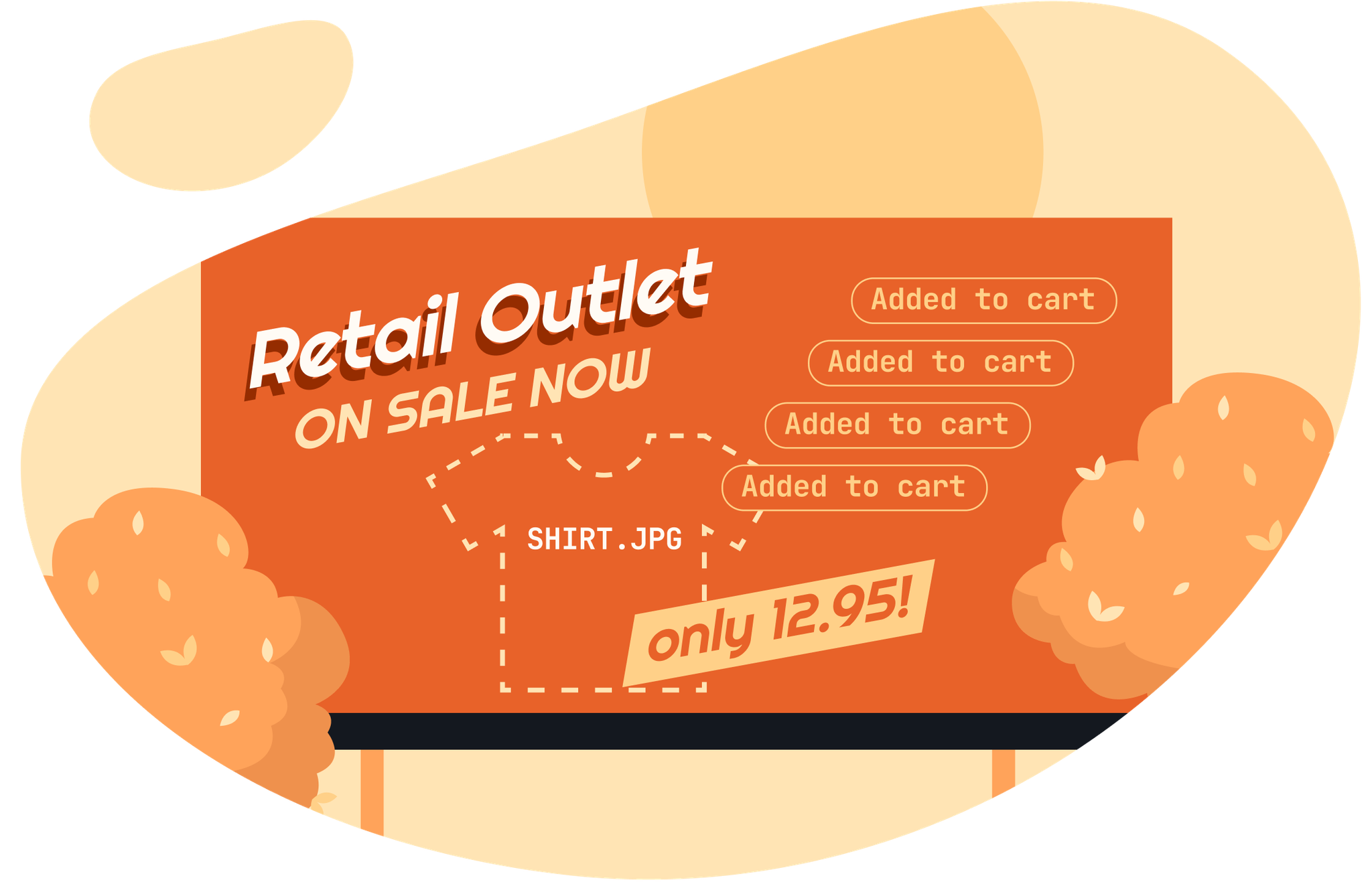 Stylized billboard for the Retail industry with an image that reads “shirt.jpg” and multiple notifications that it was added to cart.