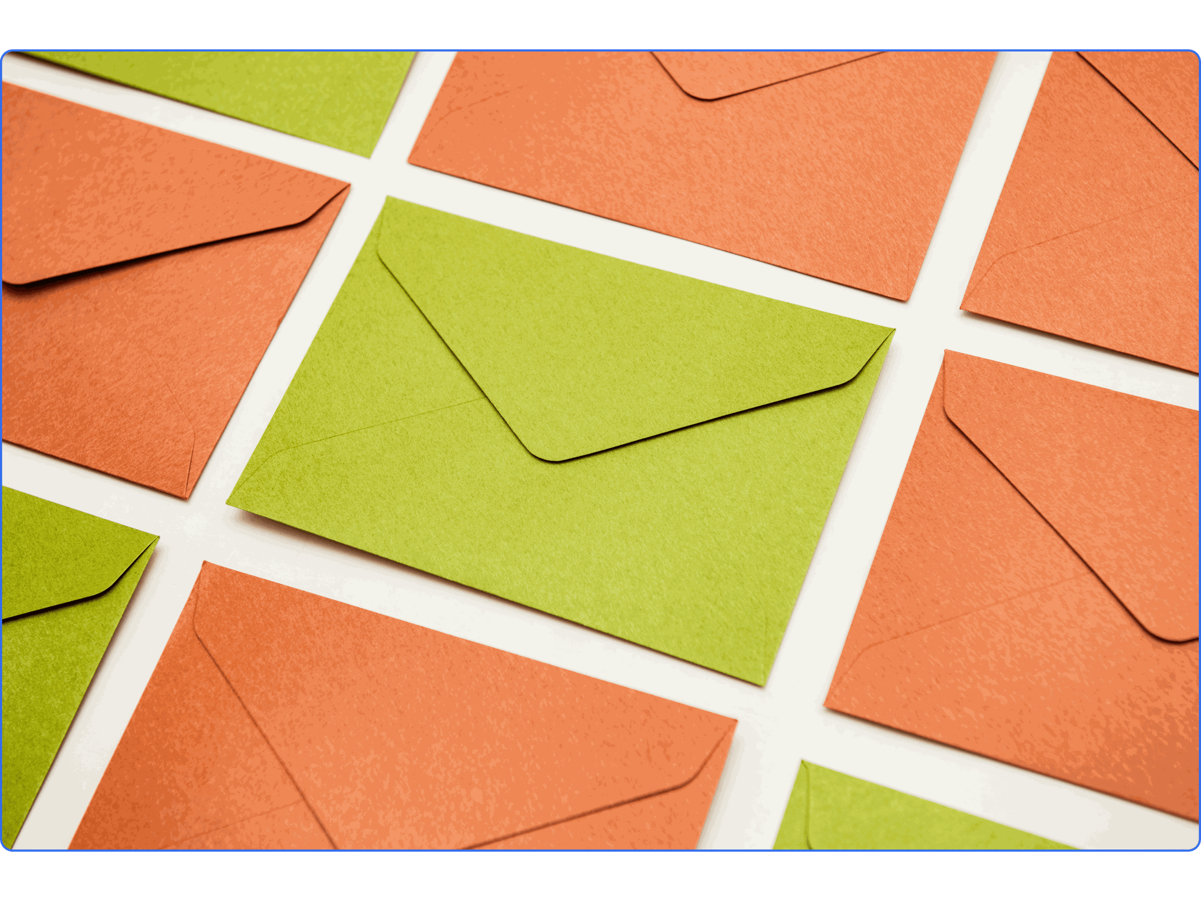 A green envelope surrounded by orange envelopes arranged on a white background in a diagonal pattern.