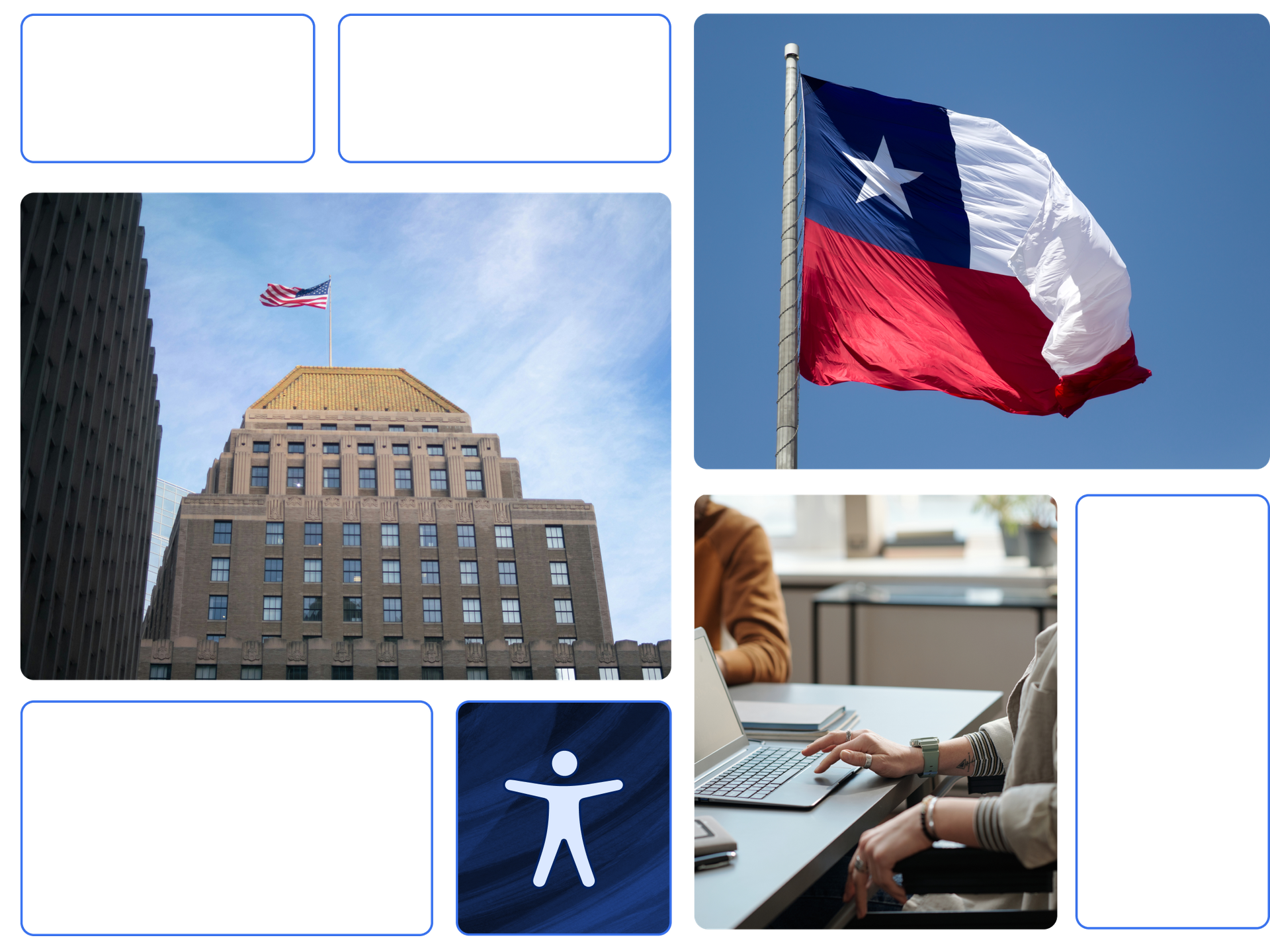 Images featuring the Texas flag and Texas municipal buildings
