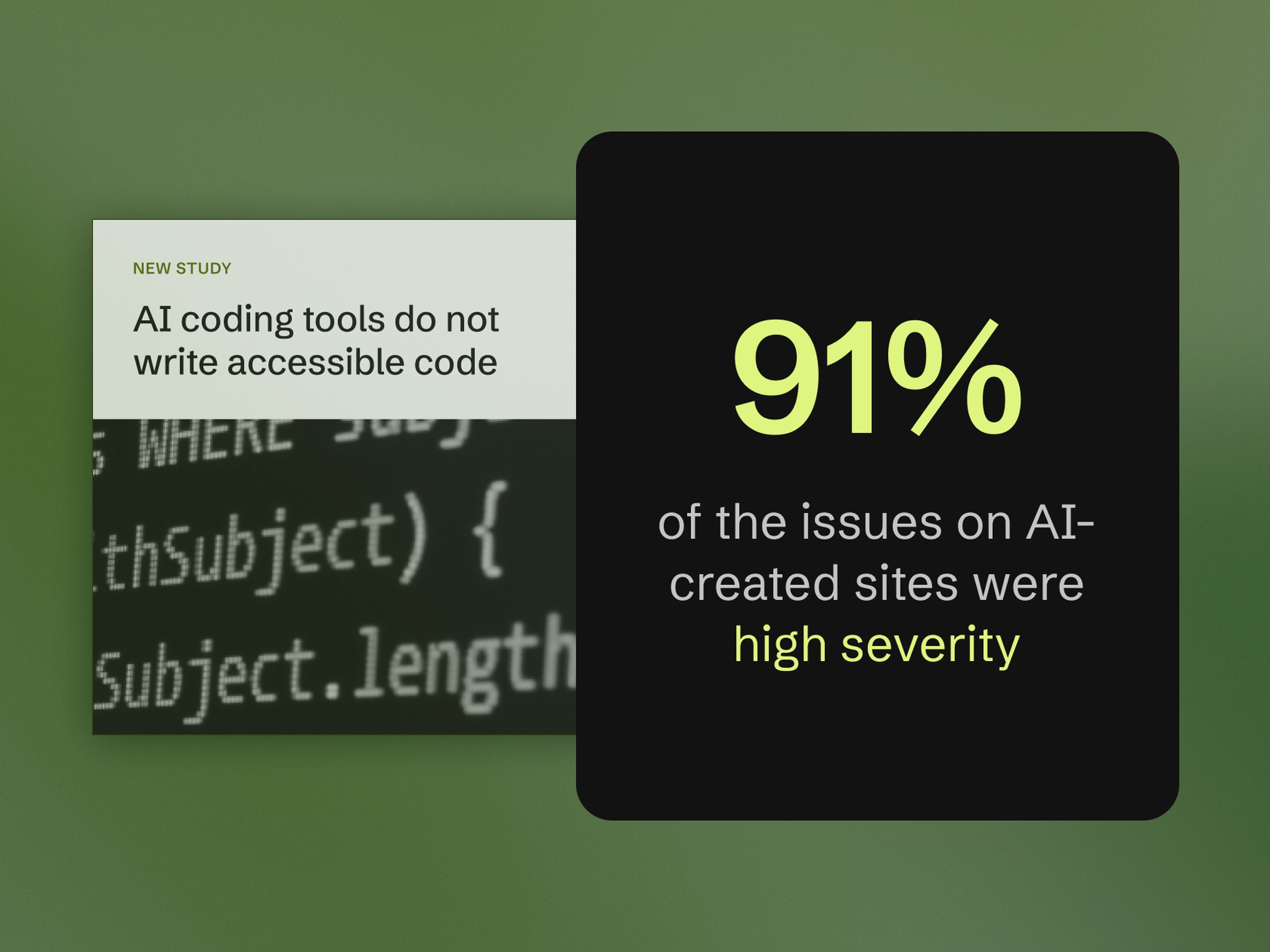 Green background with text about AI coding: "AI coding tools do not write accessible code." Another text: "91% of issues on AI-created sites were high severity."