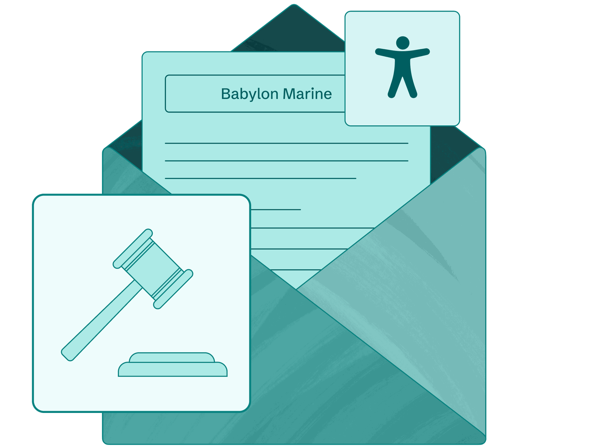 Stylized envelope with a PDF , legal gavel, and digital accessibility symbol.