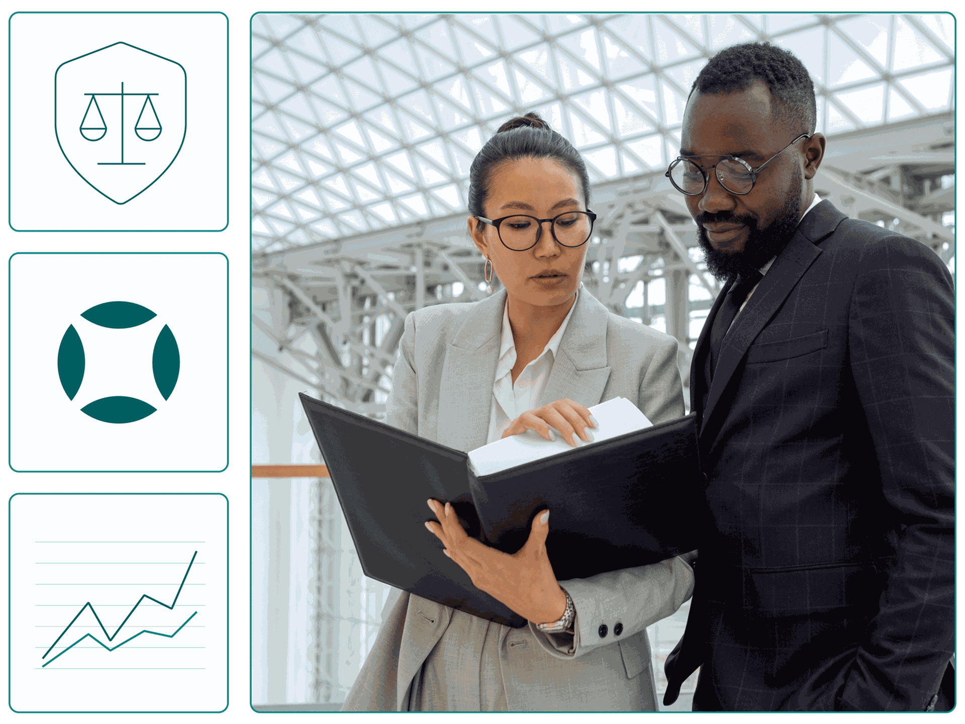 Woman in suit and glasses reviewing legal documents with man in suit and glasses. AudioEye logo, stock going up, legal scales