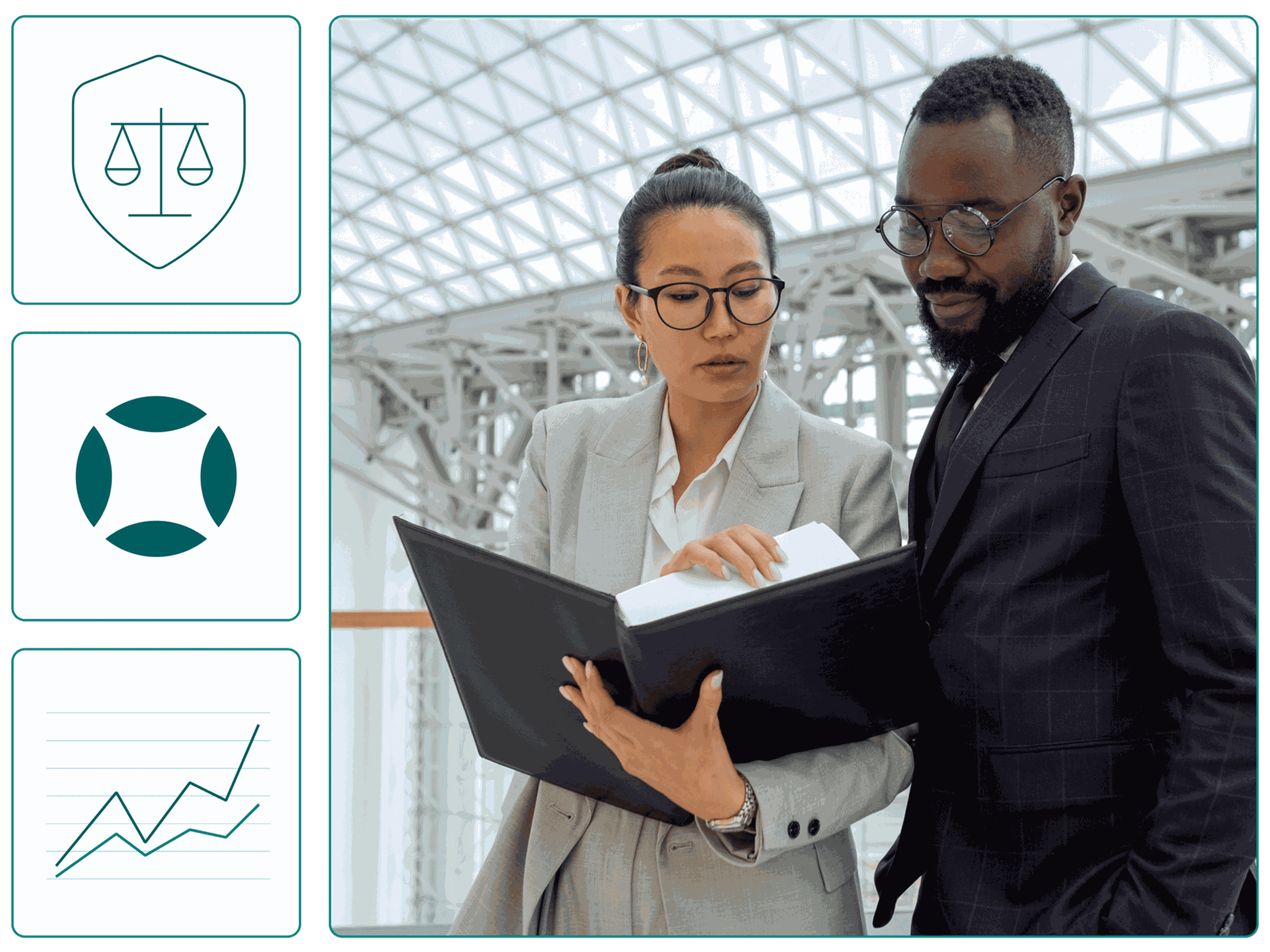 Woman in suit and glasses reviewing legal documents with man in suit and glasses. AudioEye logo, stock going up, legal scales