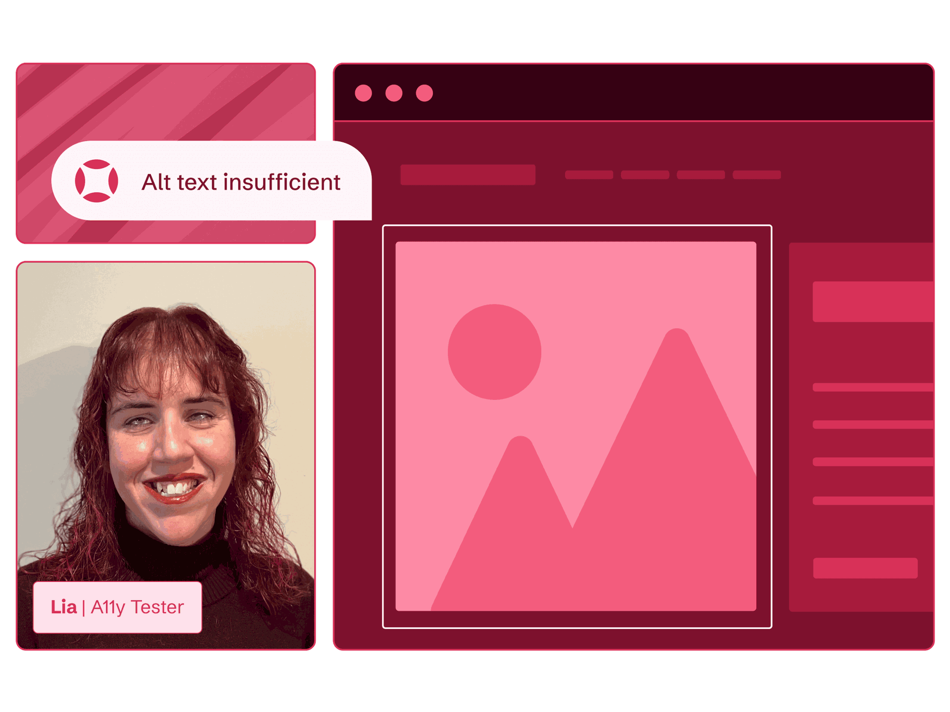 A blind AudioEye Accessibility Tester, Lia, audits a website and finds  an image with insufficient alt text.
