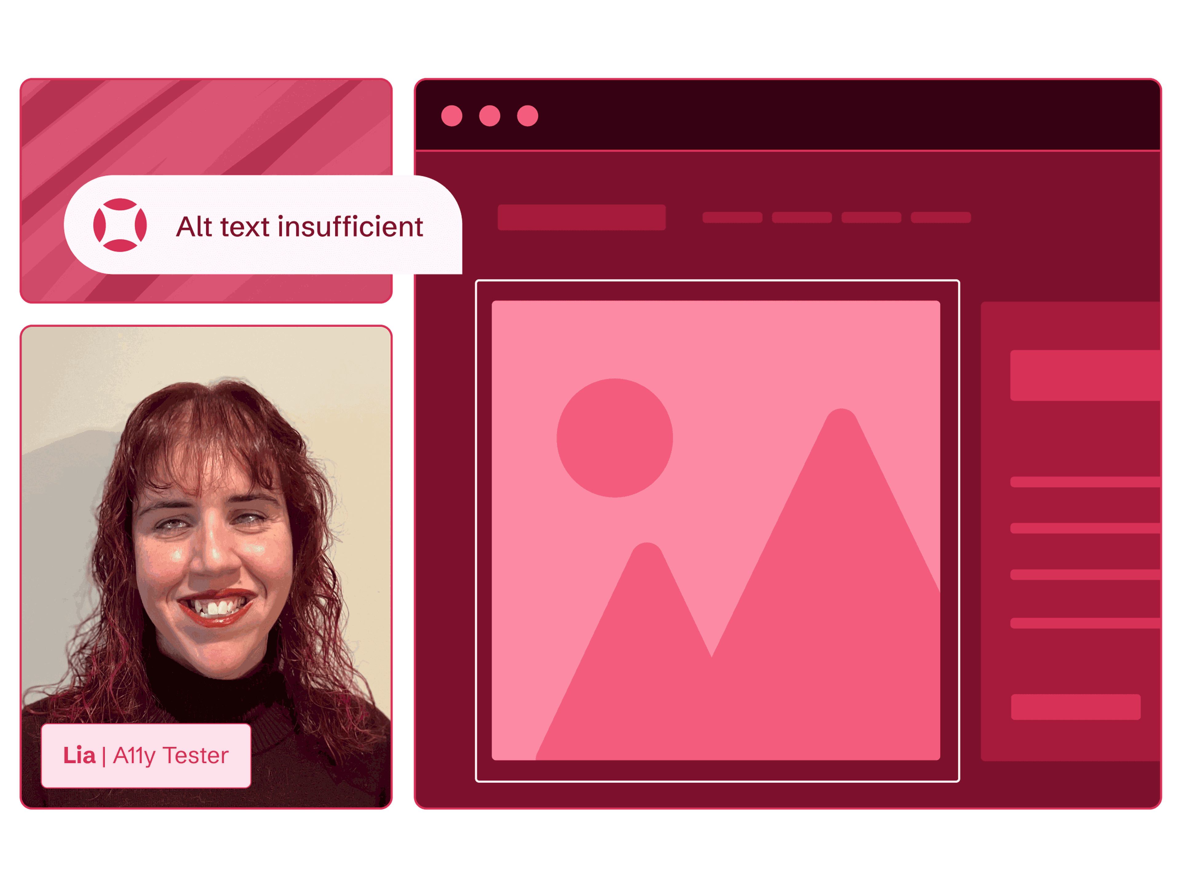 Una tester non vedente di AudioEye, Lia, esegue un audit su un sito web e trova un'immagine con testo alternativo insufficiente.