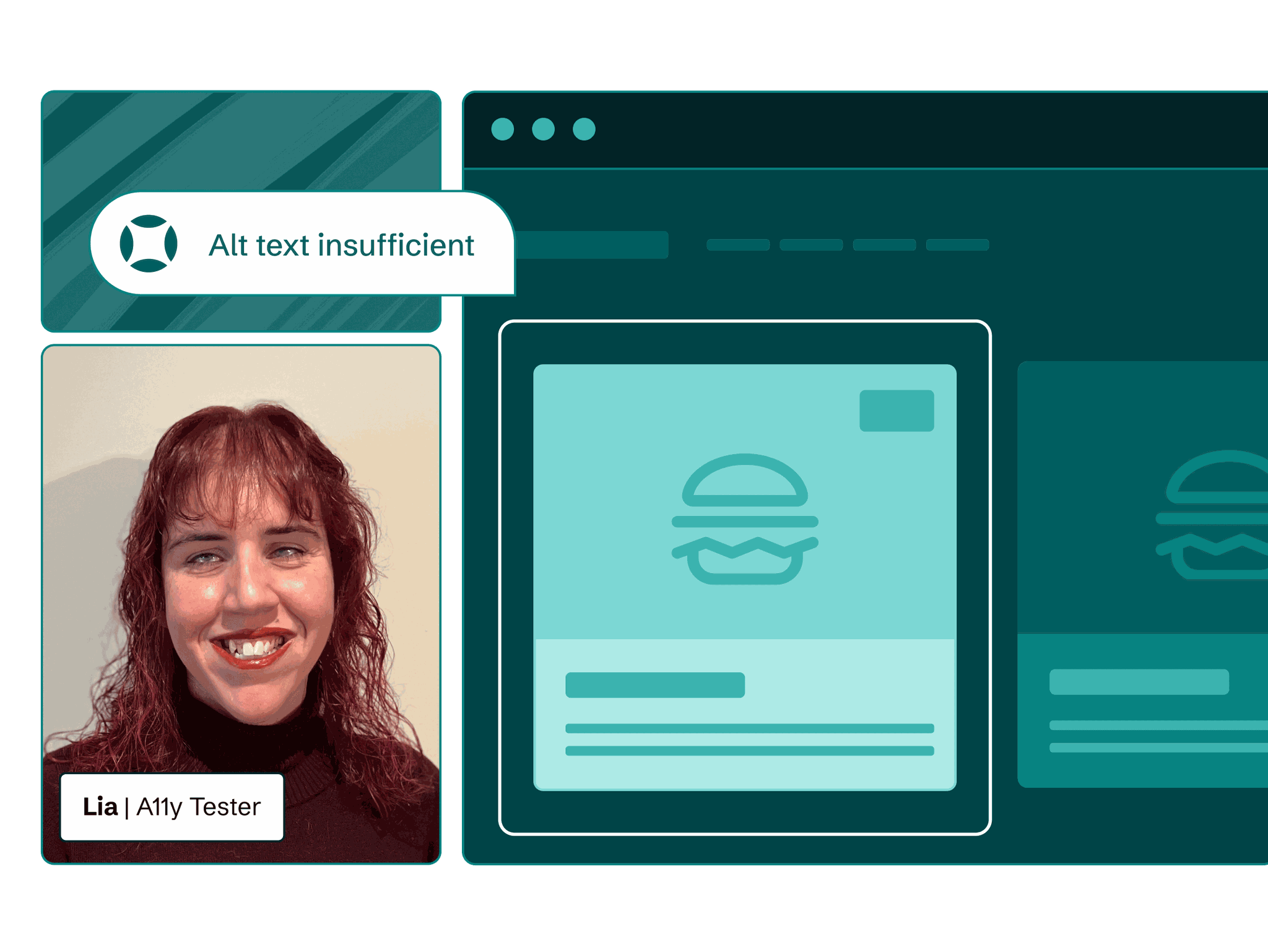 A blind AudioEye Accessibility Tester, Lia, audits a website and finds  an image with insufficient alt text on a menu item.