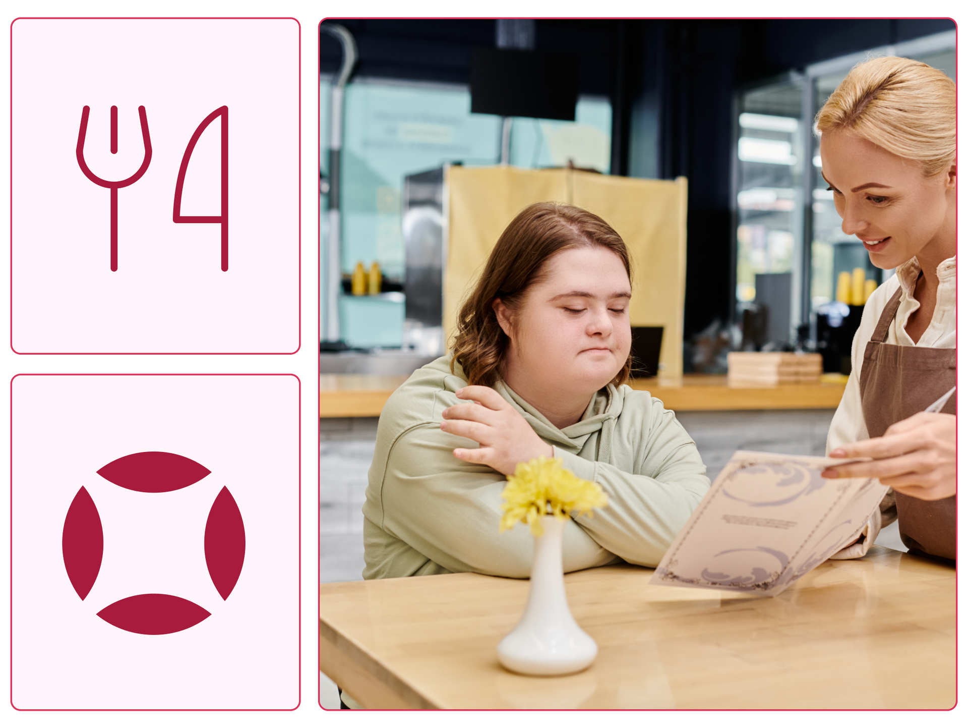 A woman with disabilities at a restaurant receiving an accessible menu from a waitress.