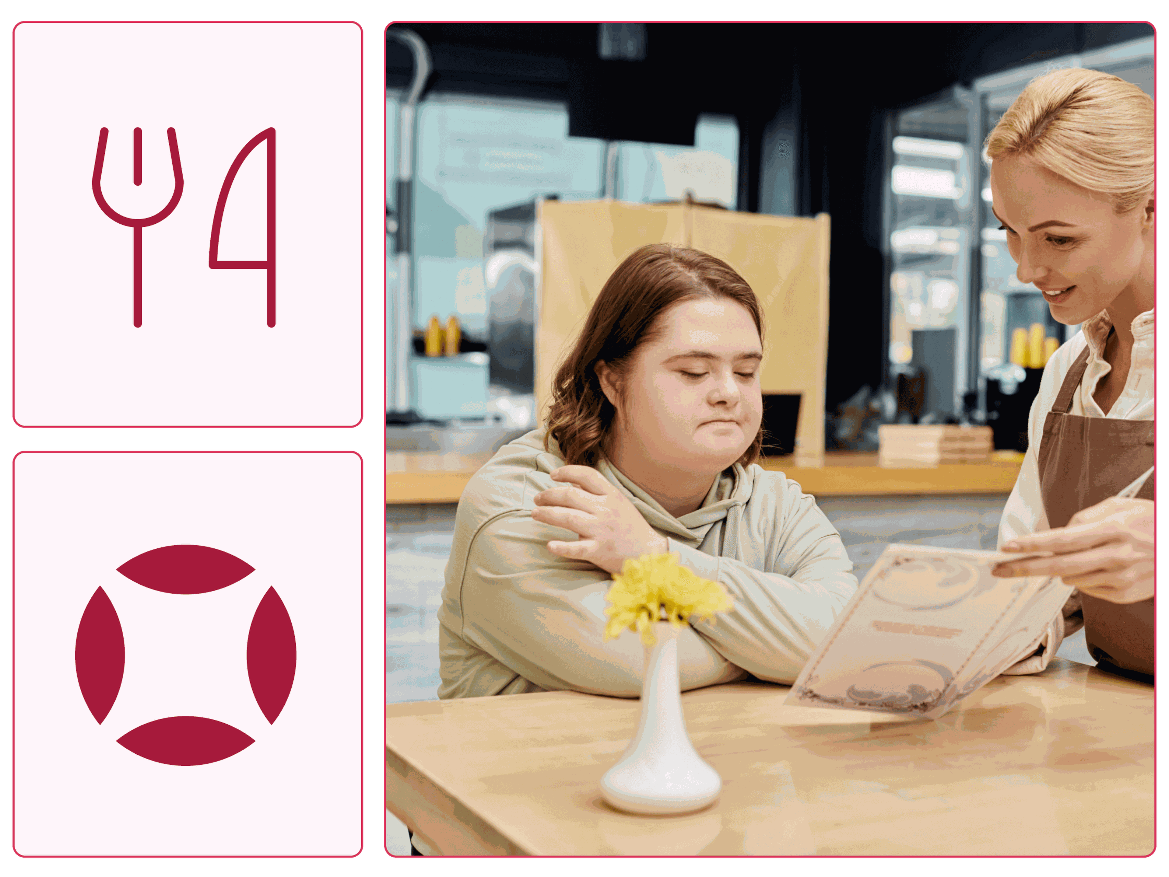 A woman with disabilities at a restaurant receiving an accessible menu from a waitress.