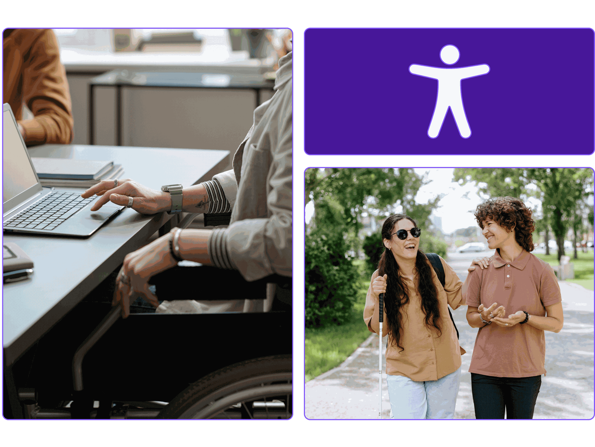 A collage of students with disabilities. One person is in a wheelchair, another is blind using a cane and a friend’s shoulder for guidance.