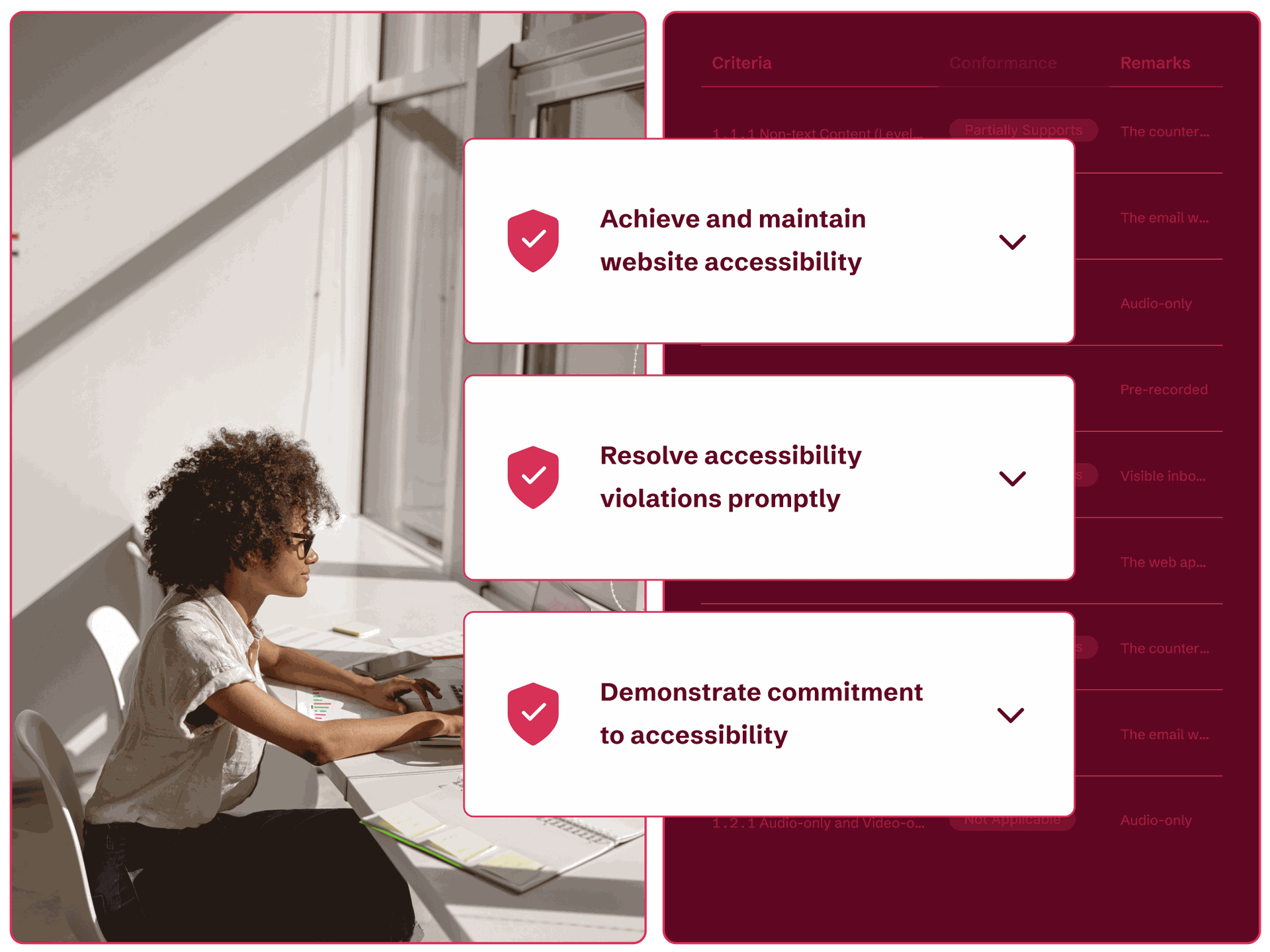 A business woman at her computer and 3 call-outs about AudioEye for being the best choice for digital accessibility.