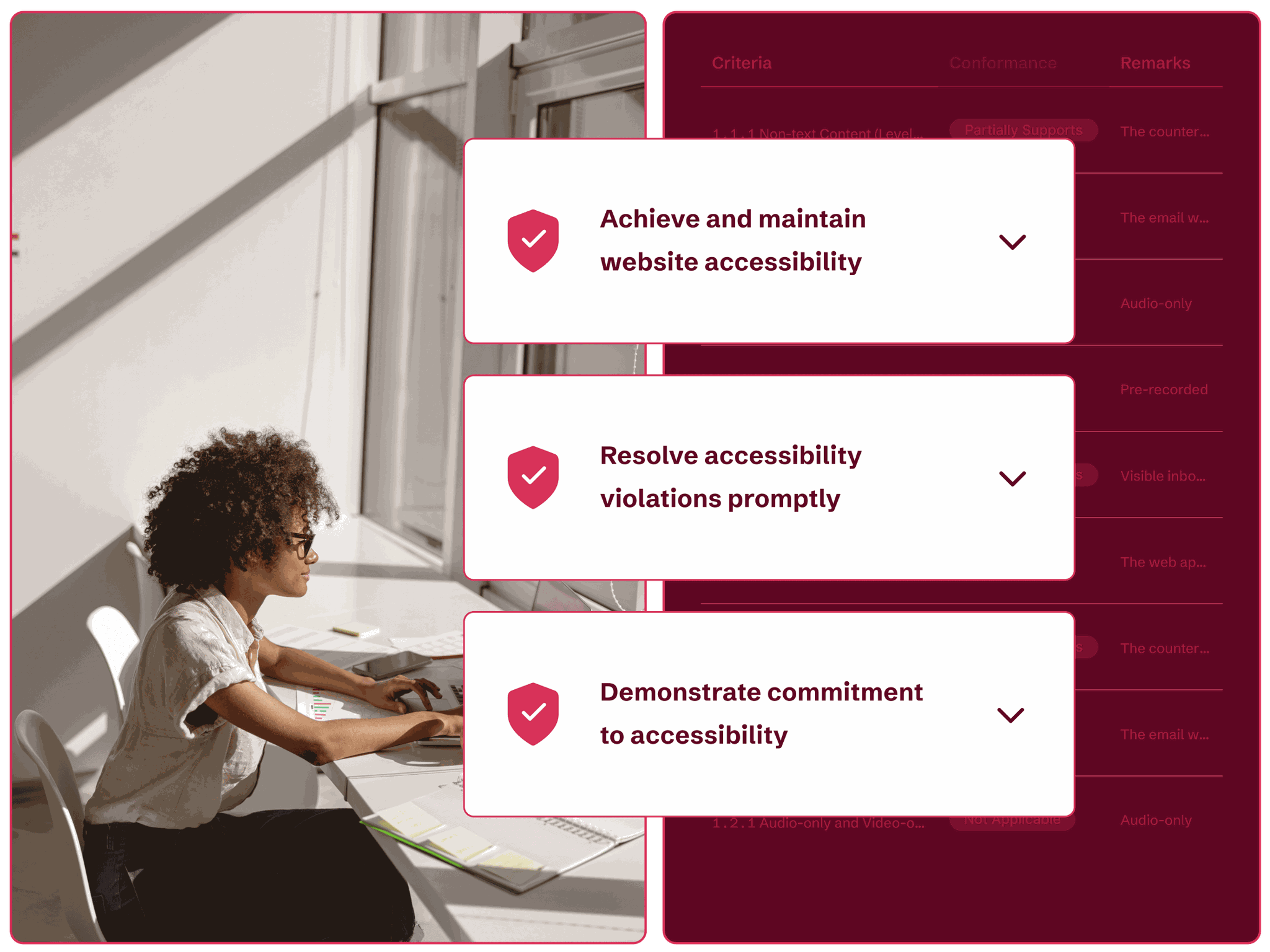 A business woman at her computer and 3 call-outs about AudioEye for being the best choice for digital accessibility.