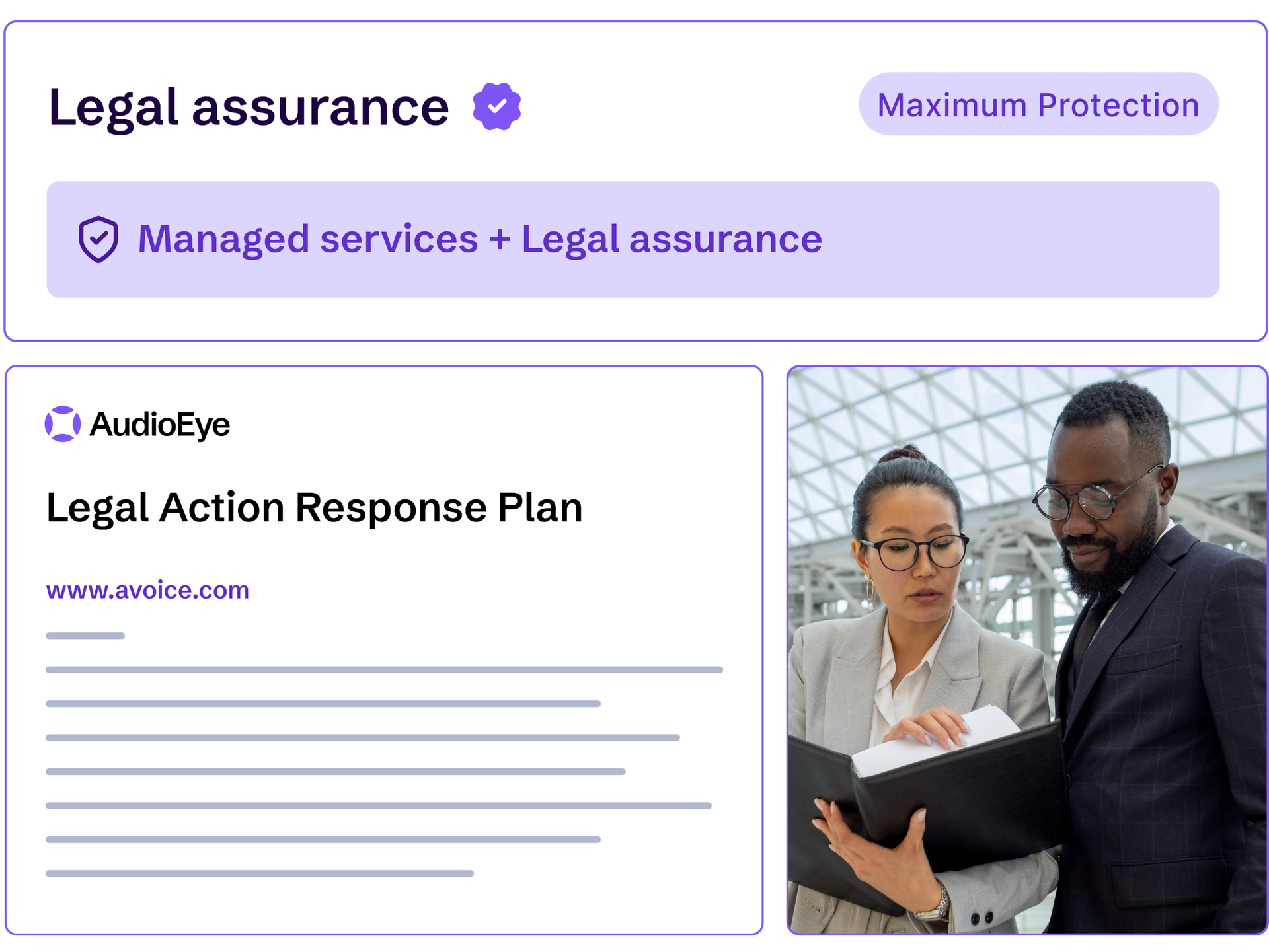 Collage of maximum protection with AudioEye's Legal Assurance and Legal Action Response Plan with two lawyers.