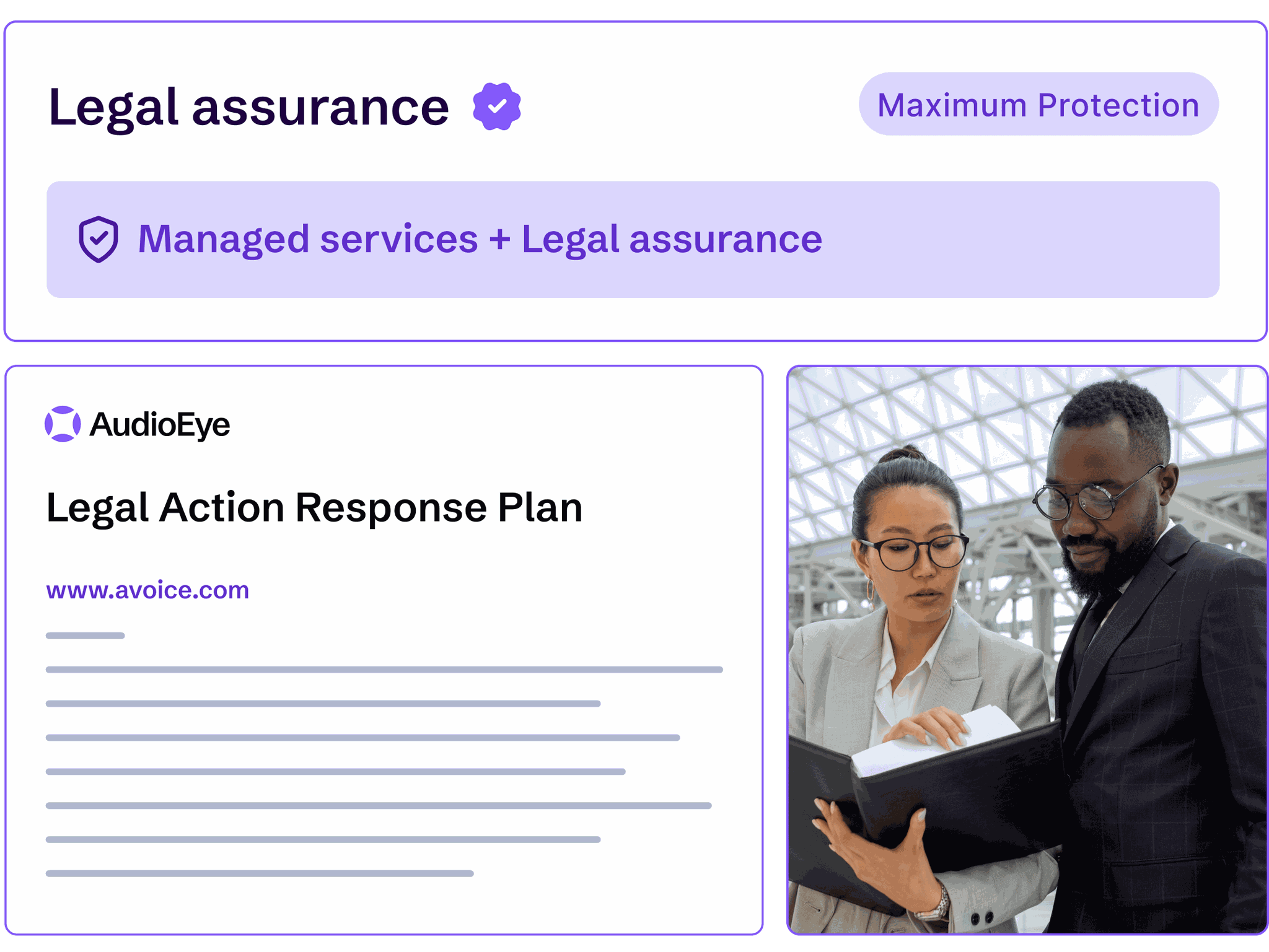 Collage of maximum protection with AudioEye's Legal Assurance and Legal Action Response Plan with two lawyers.